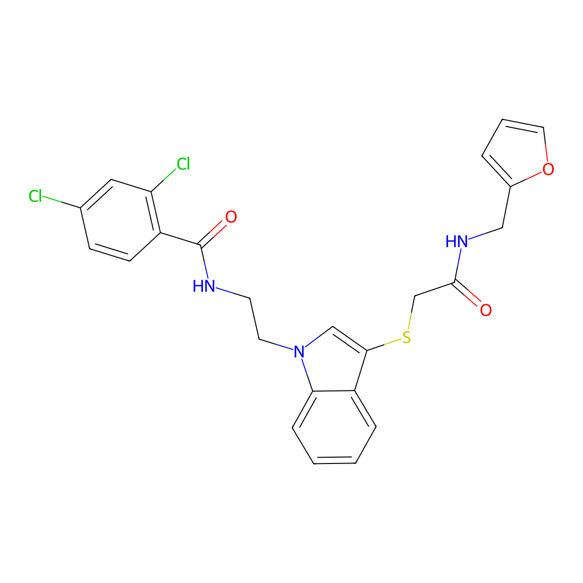 2,4-dichloro-N-(2-(3-((2-((furan-2-ylmethyl)amino)-2-oxoethyl)thio)-1H-indol-1-yl)ethyl)benzamide molecular structure, CAS 532975-57-8