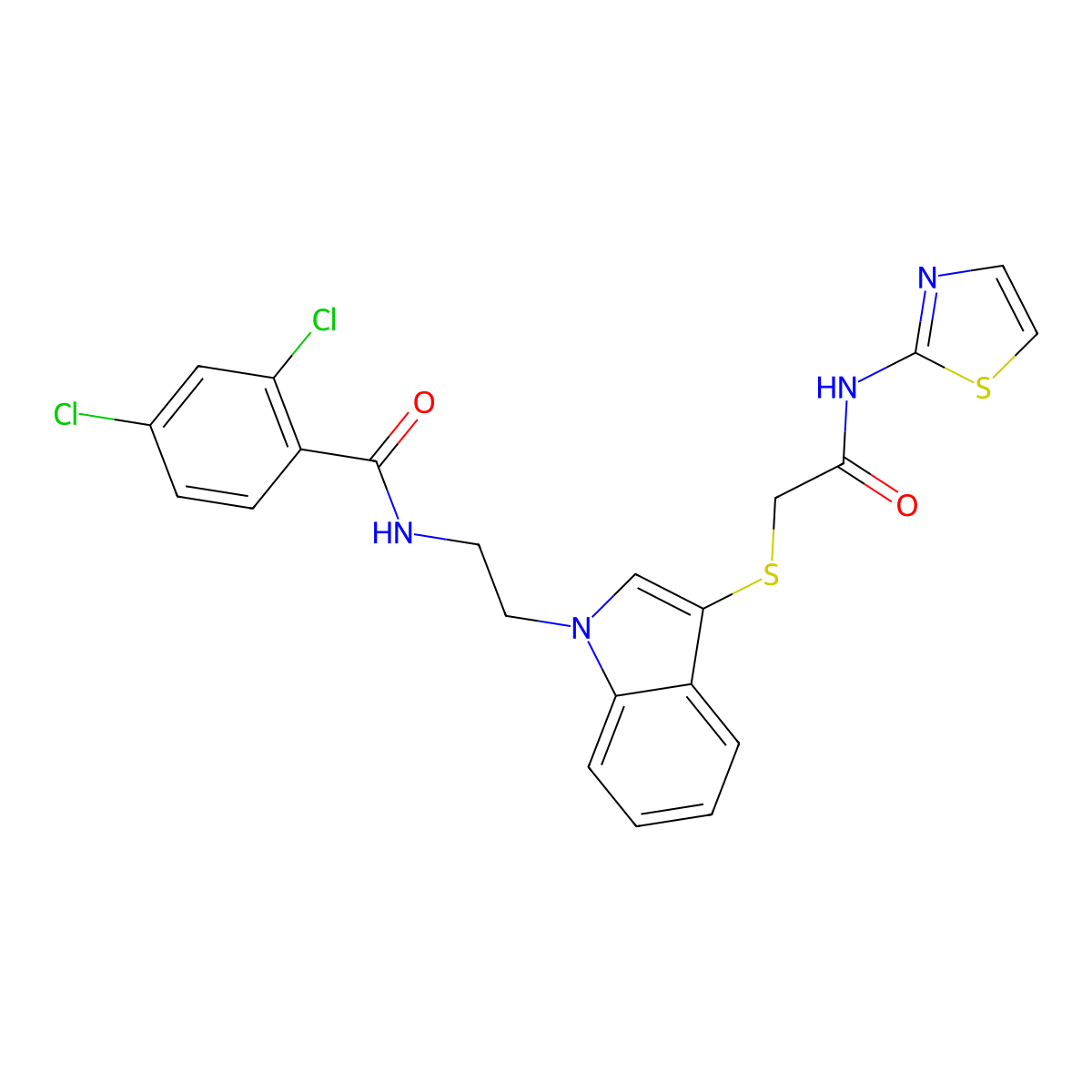 2,4-dichloro-N-(2-(3-((2-oxo-2-(thiazol-2-ylamino)ethyl)thio)-1H-indol-1-yl)ethyl)benzamide molecular structure, CAS 532975-60-3