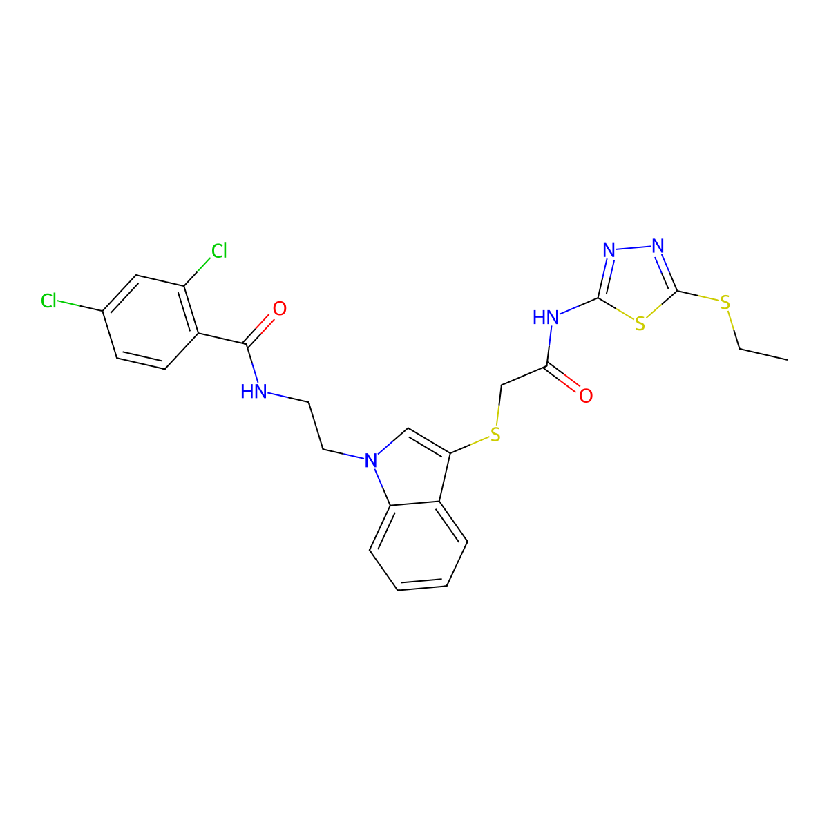 2,4-dichloro-N-[2-[3-[2-[(5-ethylsulfanyl-1,3,4-thiadiazol-2-yl)amino]-2-oxoethyl]sulfanylindol-1-yl]ethyl]benzamide molecular structure, CAS 532975-62-5