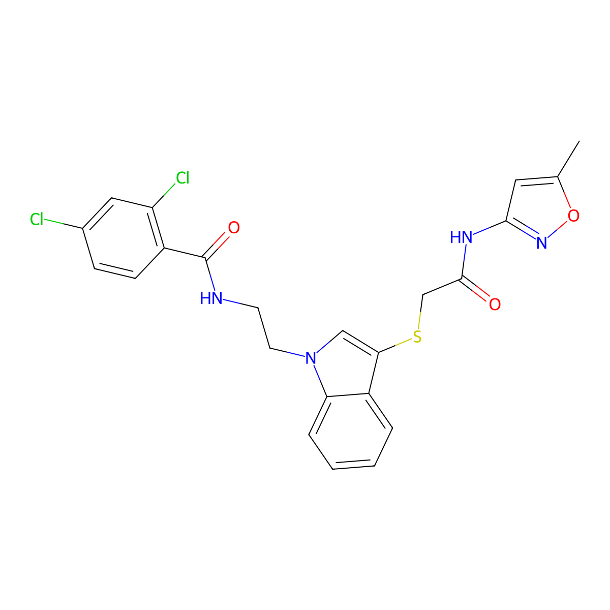 2,4-dichloro-N-(2-(3-((2-((5-methylisoxazol-3-yl)amino)-2-oxoethyl)thio)-1H-indol-1-yl)ethyl)benzamide molecular structure, CAS 532975-64-7