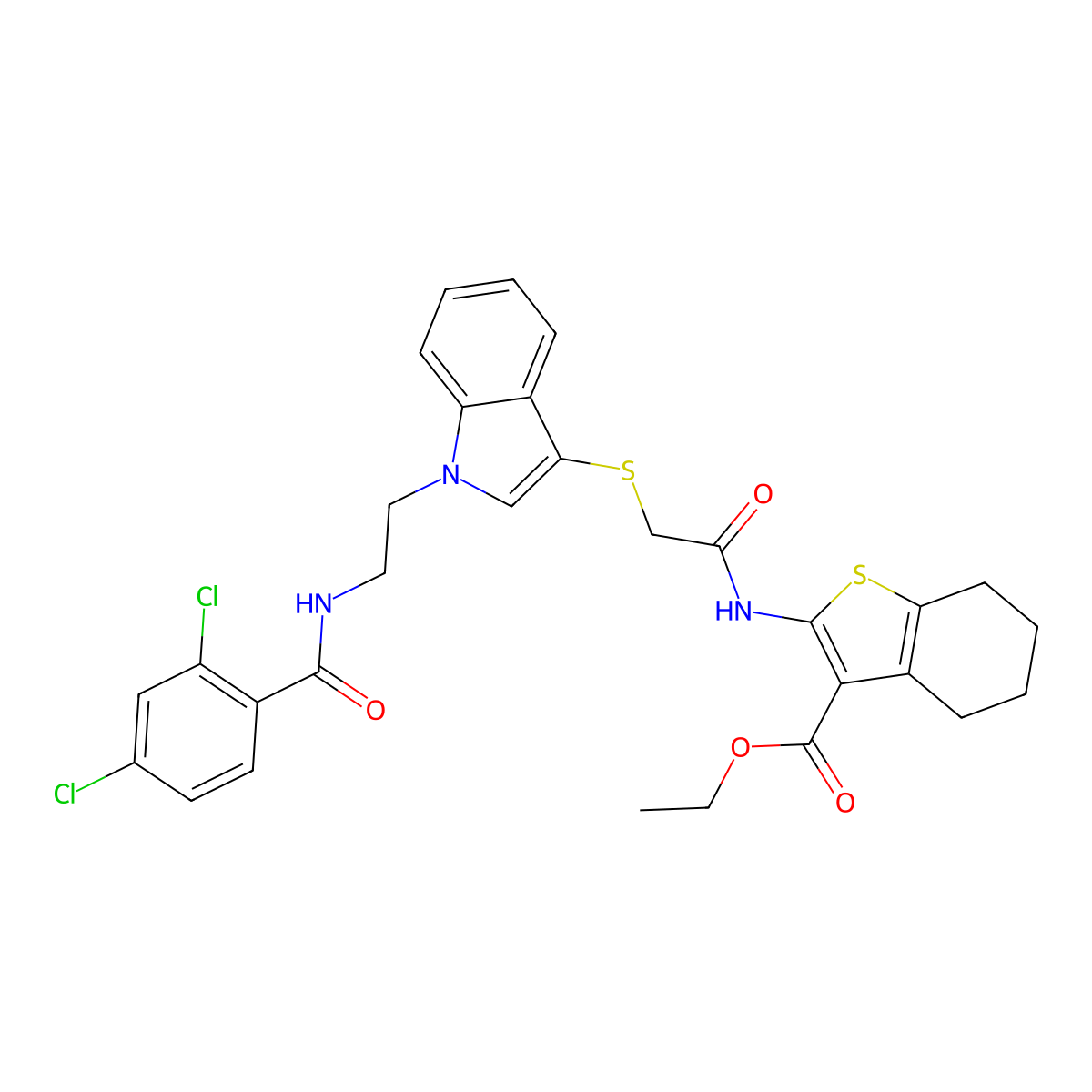 Ethyl 2-[[2-[1-[2-[(2,4-dichlorobenzoyl)amino]ethyl]indol-3-yl]sulfanylacetyl]amino]-4,5,6,7-tetrahydro-1-benzothiophene-3-carboxylate molecular structure, CAS 532975-65-8