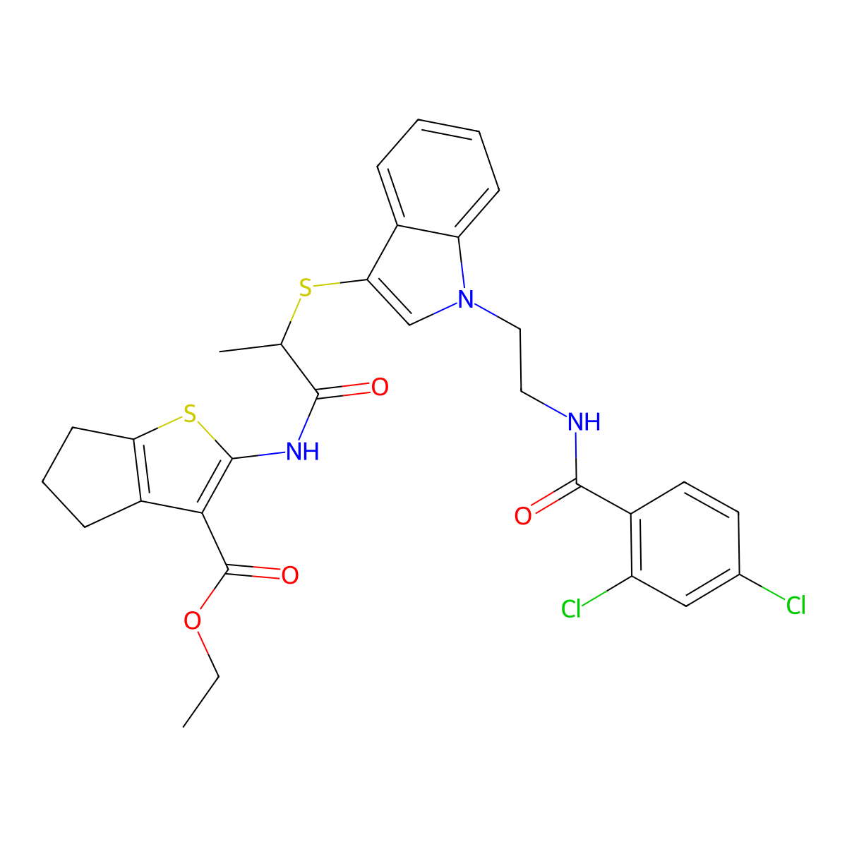 ethyl 2-[2-[1-[2-[(2,4-dichlorobenzoyl)amino]ethyl]indol-3-yl]sulfanylpropanoylamino]-5,6-dihydro-4H-cyclopenta[b]thiophene-3-carboxylate molecular structure, CAS 532975-67-0