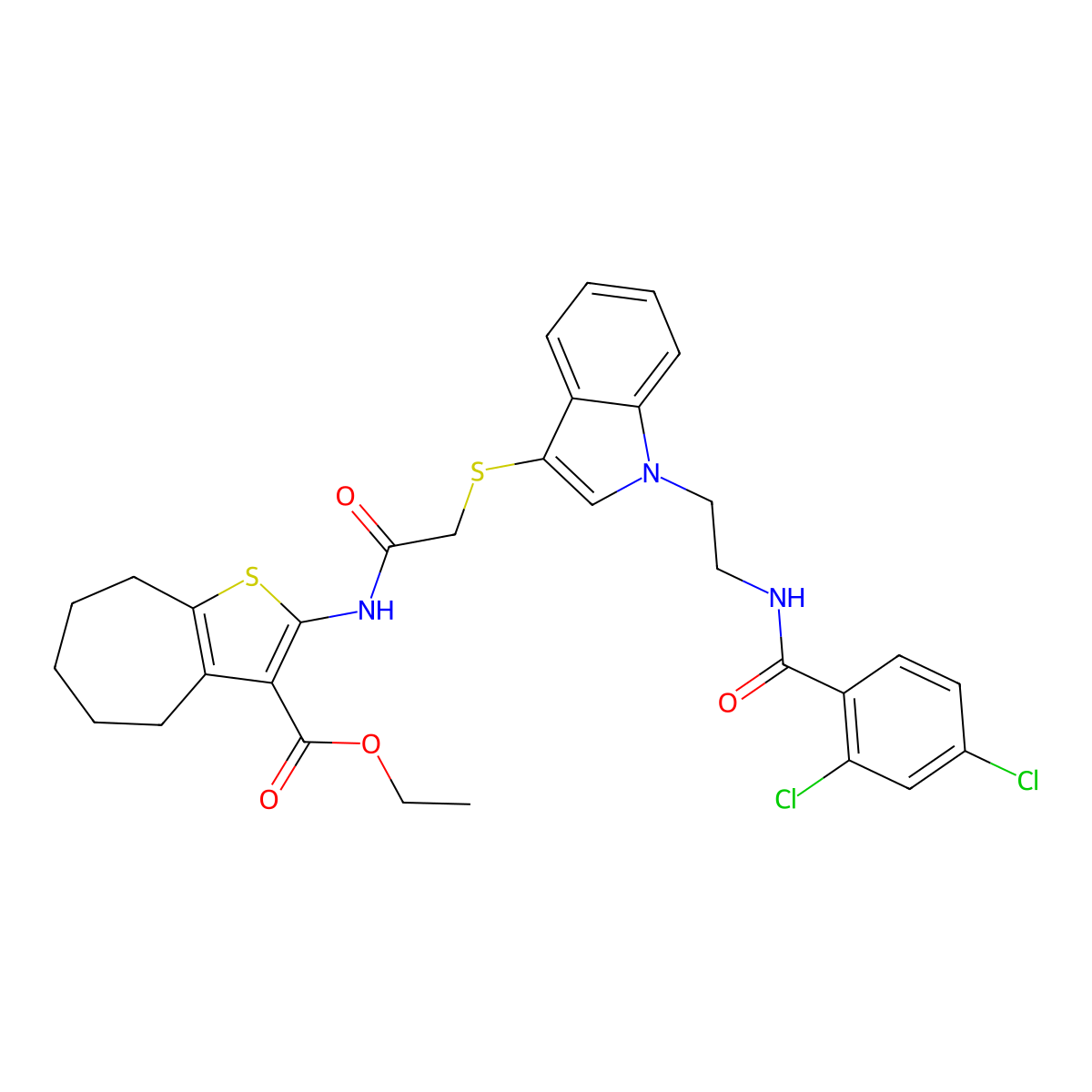 ethyl 2-(2-((1-(2-(2,4-dichlorobenzamido)ethyl)-1H-indol-3-yl)thio)acetamido)-5,6,7,8-tetrahydro-4H-cyclohepta[b]thiophene-3-carboxylate molecular structure, CAS 532975-68-1