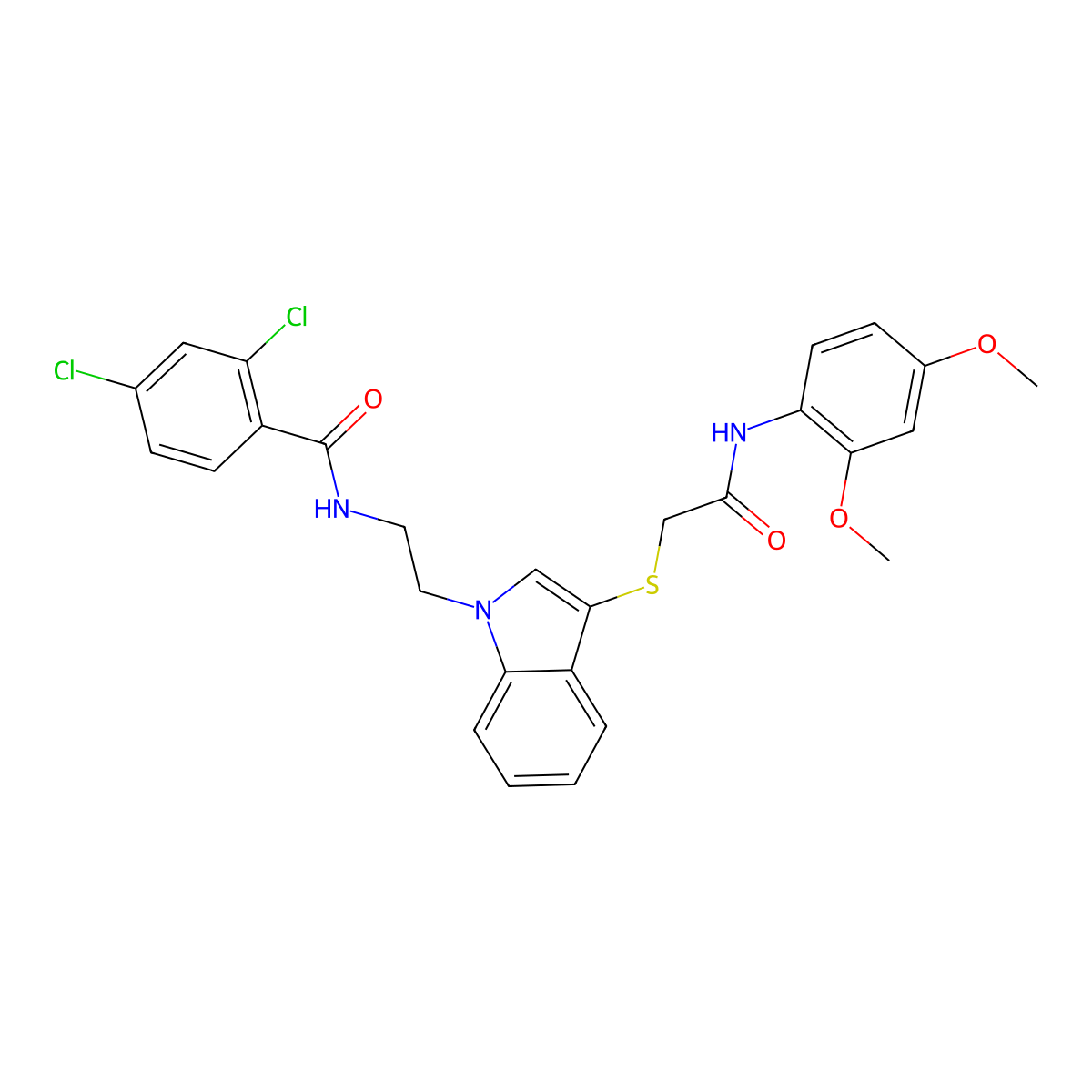 2,4-dichloro-N-(2-(3-((2-((2,4-dimethoxyphenyl)amino)-2-oxoethyl)thio)-1H-indol-1-yl)ethyl)benzamide molecular structure, CAS 532975-76-1