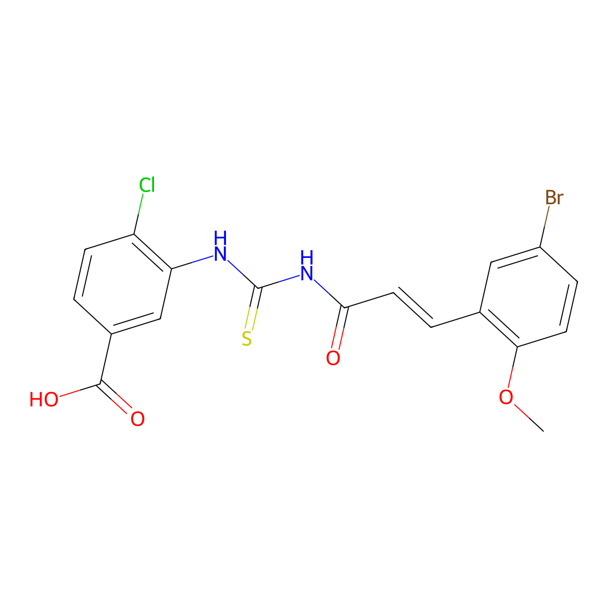 3-[[[[3-(5-Bromo-2-methoxyphenyl)-1-oxo-2-propenyl]amino]thioxomethyl]amino]-4-chloro-benzoic acid molecular structure, CAS 532978-58-8