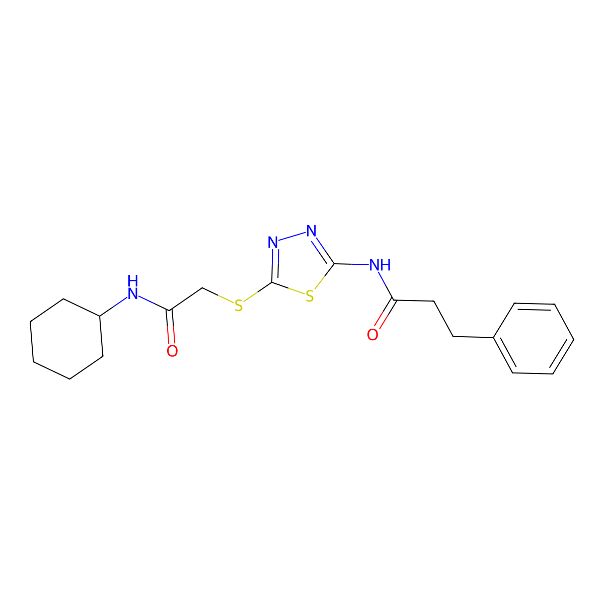 N-[5-[2-(cyclohexylamino)-2-oxoethyl]sulfanyl-1,3,4-thiadiazol-2-yl]-3-phenylpropanamide molecular structure, CAS 532980-08-8