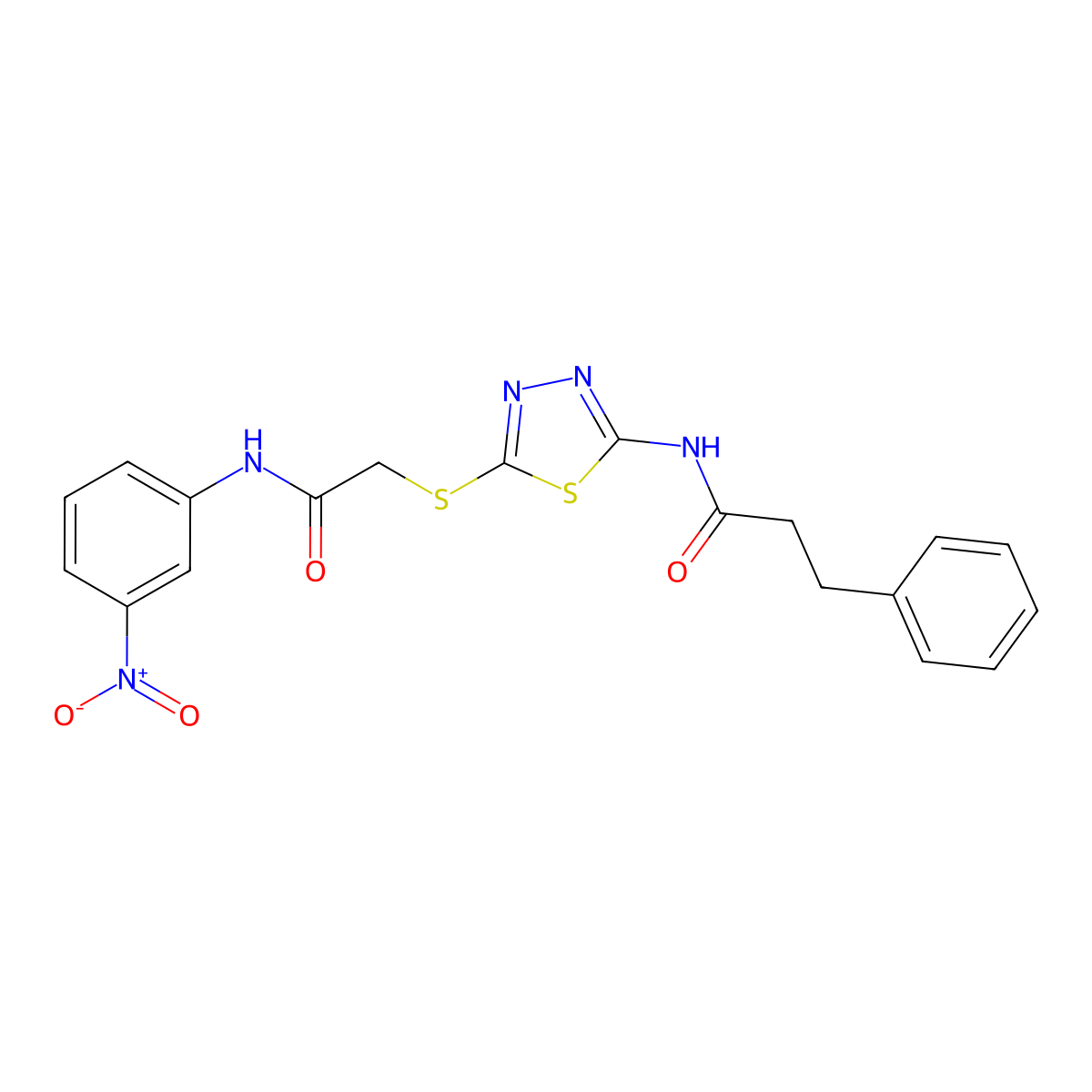 N-(5-((2-((3-nitrophenyl)amino)-2-oxoethyl)thio)-1,3,4-thiadiazol-2-yl)-3-phenylpropanamide molecular structure, CAS 532980-86-2
