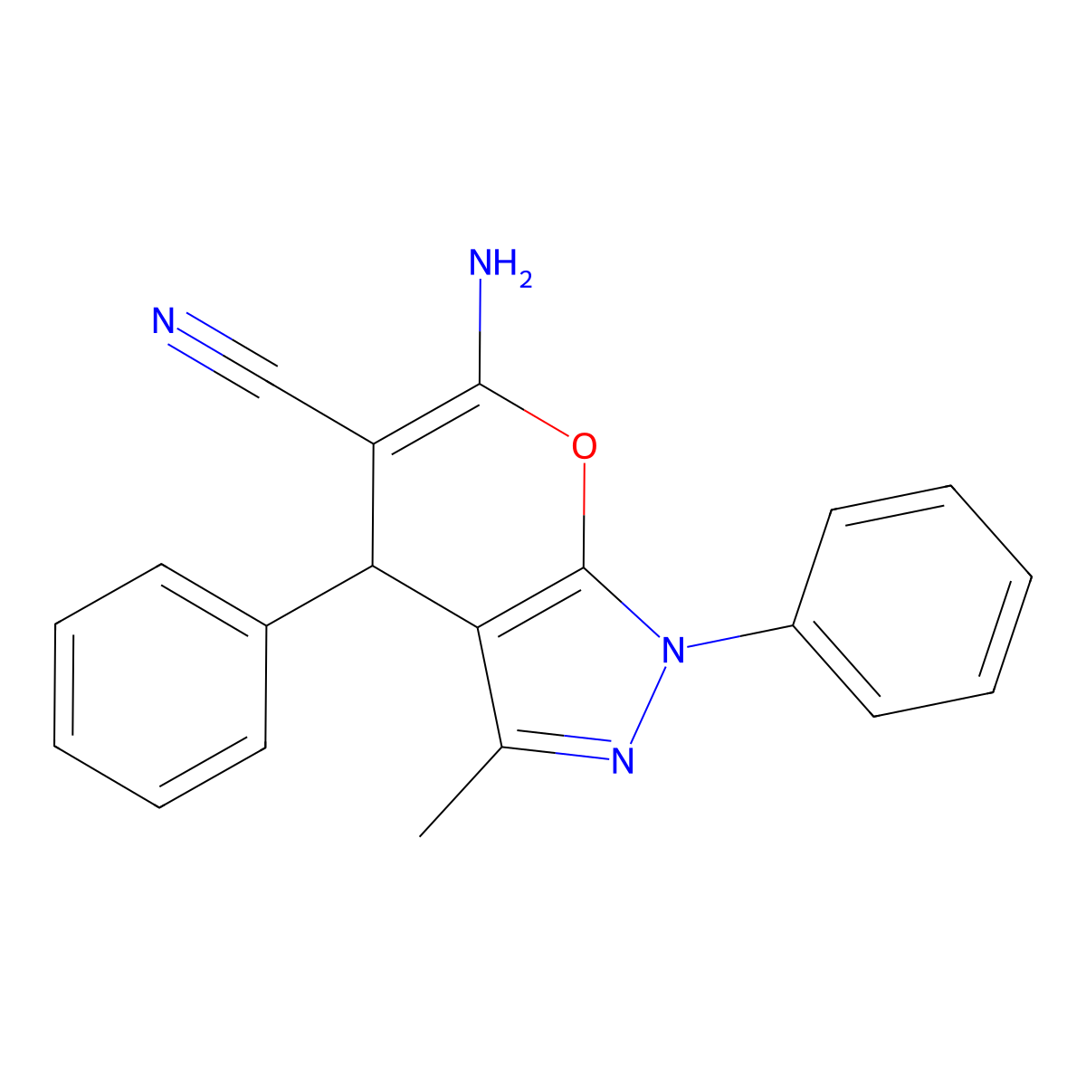 6-Amino-3-methyl-1,4-diphenyl-1,4-dihydropyrano(2,3-c)pyrazole-5-carbonitrile molecular structure, CAS 53316-57-7
