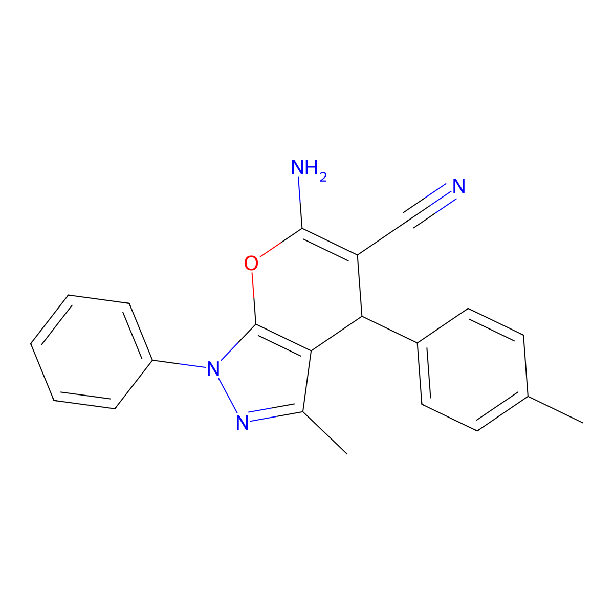 6-Amino-3-methyl-1-phenyl-4-(p-tolyl)-1,4-dihydropyrano[2,3-c]pyrazole-5-carbonitrile molecular structure, CAS 53316-59-9