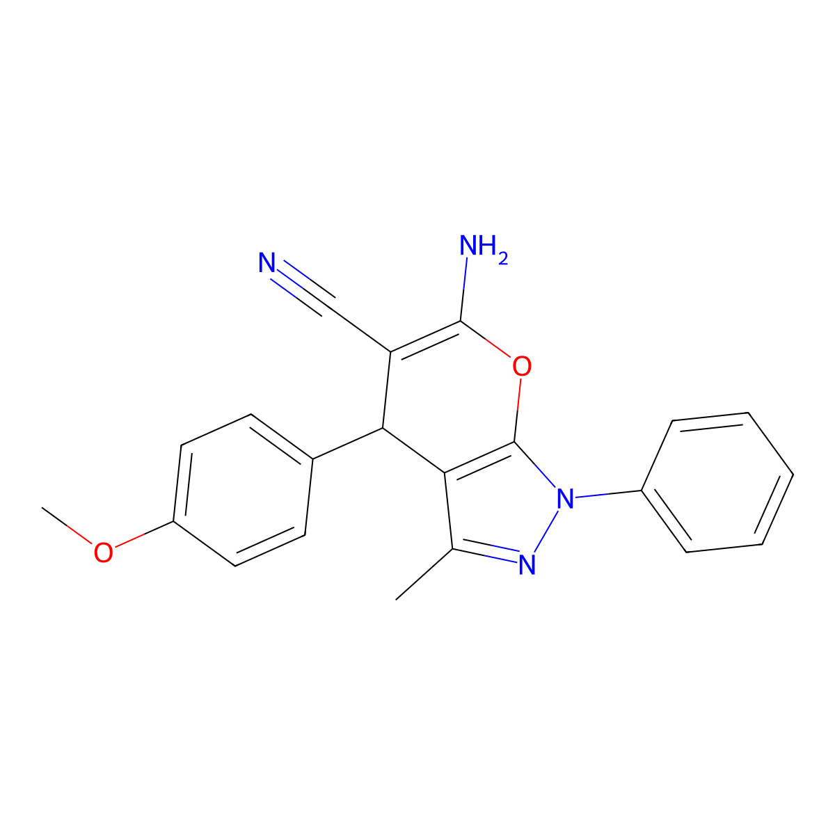 6-Amino-1,4-dihydro-4-(4-methoxyphenyl)-3-methyl-1-phenylpyrano[2,3-c]pyrazole-5-carbonitrile molecular structure, CAS 53316-60-2