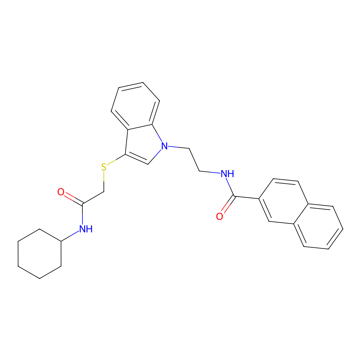 N-(2-(3-((2-(cyclohexylamino)-2-oxoethyl)thio)-1H-indol-1-yl)ethyl)-2-naphthamide molecular structure, CAS 533865-44-0