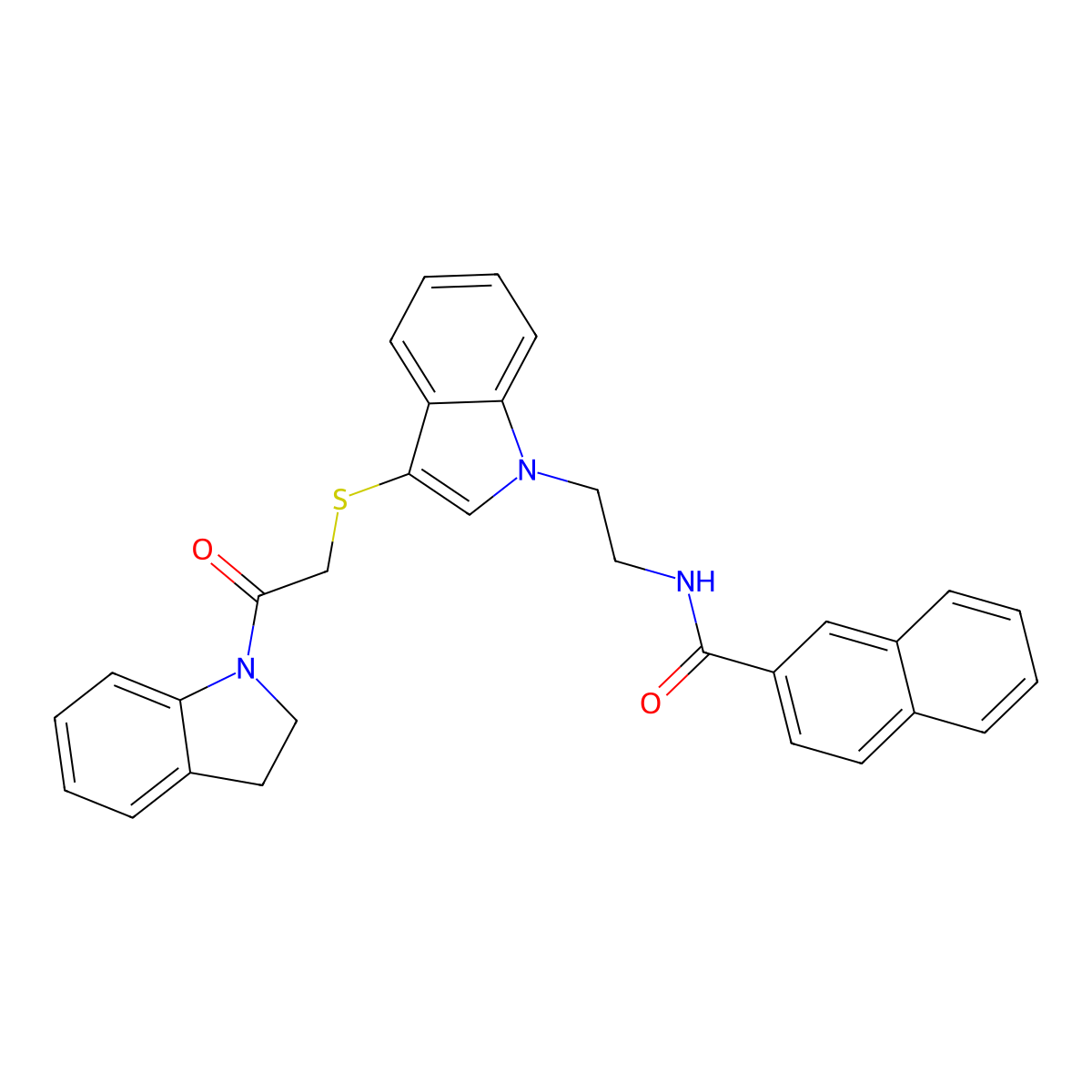 N-(2-(3-((2-(indolin-1-yl)-2-oxoethyl)thio)-1H-indol-1-yl)ethyl)-2-naphthamide molecular structure, CAS 533865-45-1