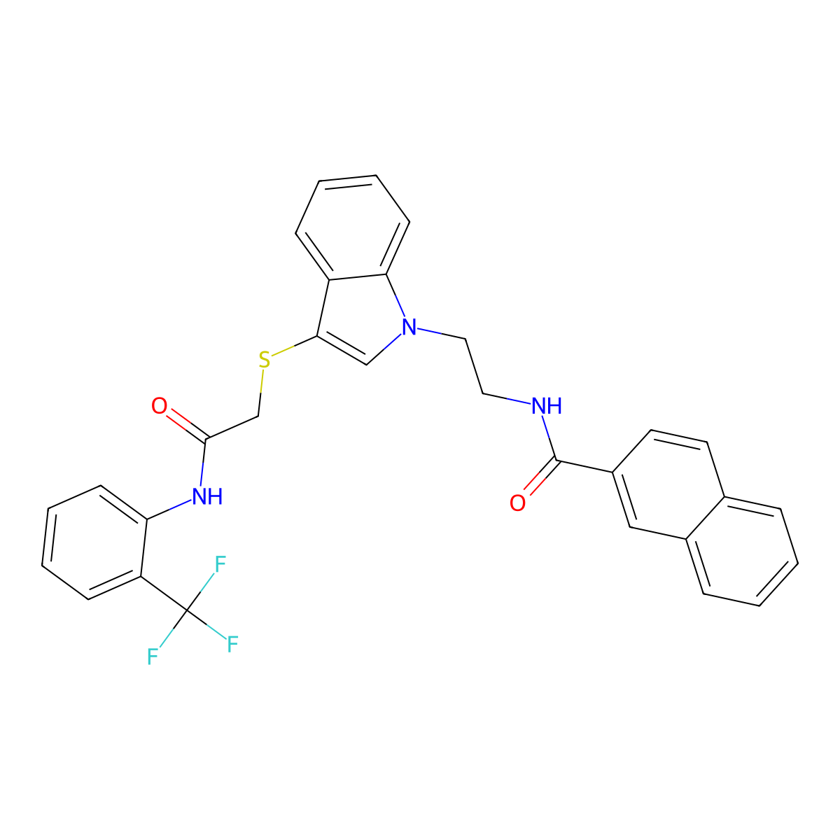 N-(2-(3-((2-oxo-2-((2-(trifluoromethyl)phenyl)amino)ethyl)thio)-1H-indol-1-yl)ethyl)-2-naphthamide molecular structure, CAS 533865-49-5