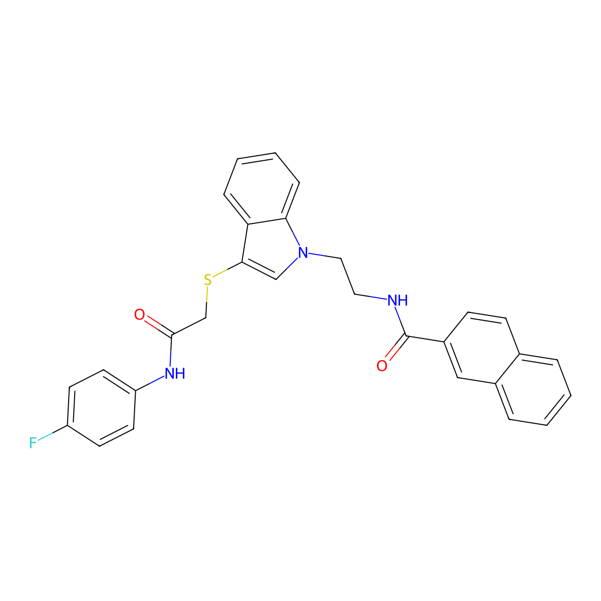 N-[2-[3-[2-(4-fluoroanilino)-2-oxoethyl]sulfanylindol-1-yl]ethyl]naphthalene-2-carboxamide molecular structure, CAS 533865-50-8