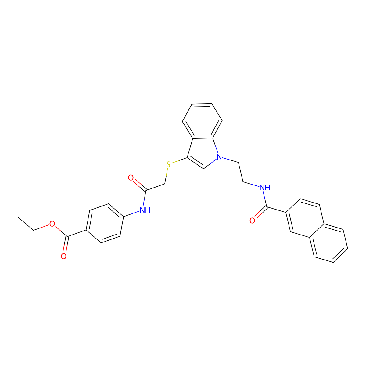 Ethyl 4-[[2-[1-[2-(naphthalene-2-carbonylamino)ethyl]indol-3-yl]sulfanylacetyl]amino]benzoate molecular structure, CAS 533865-54-2