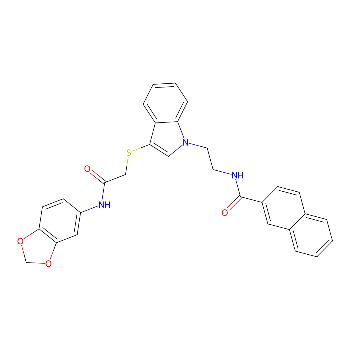 N-(2-(3-((2-(benzo[d][1,3]dioxol-5-ylamino)-2-oxoethyl)thio)-1H-indol-1-yl)ethyl)-2-naphthamide molecular structure, CAS 533865-58-6
