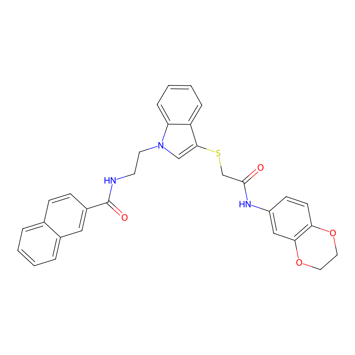N-[2-[3-[2-(2,3-dihydro-1,4-benzodioxin-6-ylamino)-2-oxoethyl]sulfanylindol-1-yl]ethyl]naphthalene-2-carboxamide molecular structure, CAS 533865-59-7