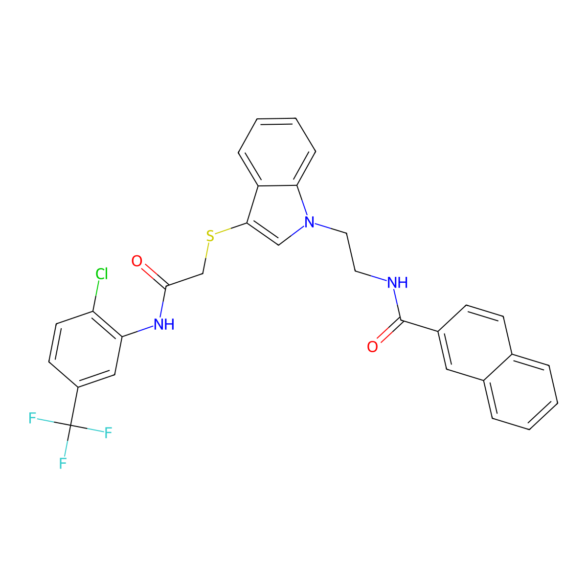 N-[2-[3-[2-[2-chloro-5-(trifluoromethyl)anilino]-2-oxoethyl]sulfanylindol-1-yl]ethyl]naphthalene-2-carboxamide molecular structure, CAS 533865-63-3