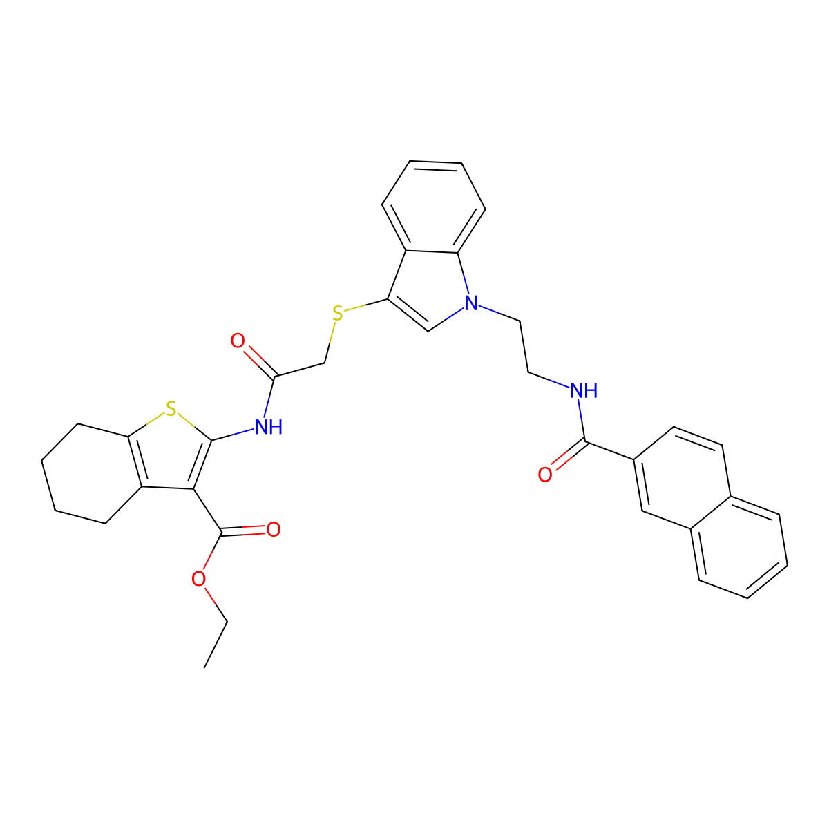 Ethyl 2-[[2-[1-[2-(naphthalene-2-carbonylamino)ethyl]indol-3-yl]sulfanylacetyl]amino]-4,5,6,7-tetrahydro-1-benzothiophene-3-carboxylate molecular structure, CAS 533865-69-9