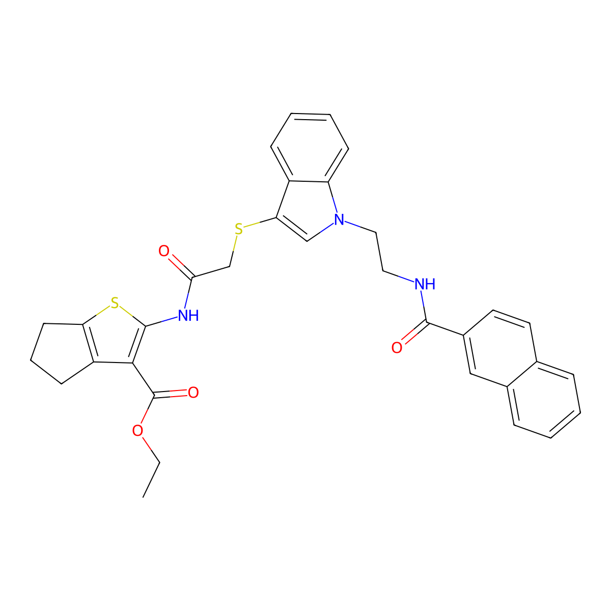 ethyl 2-[[2-[1-[2-(naphthalene-2-carbonylamino)ethyl]indol-3-yl]sulfanylacetyl]amino]-5,6-dihydro-4H-cyclopenta[b]thiophene-3-carboxylate molecular structure, CAS 533865-70-2