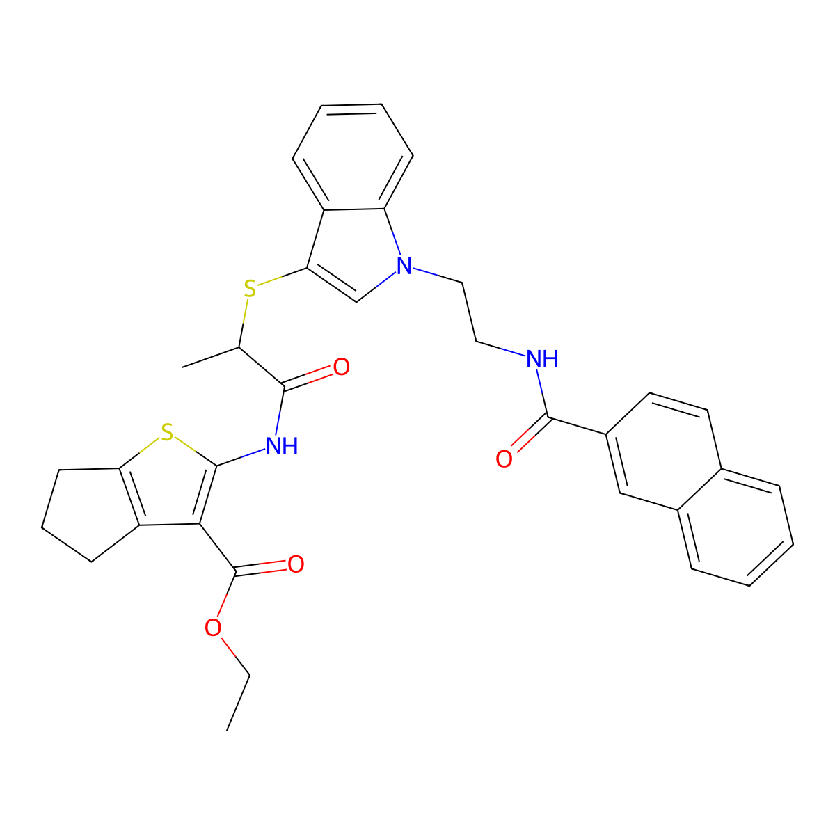 ethyl 2-[2-[1-[2-(naphthalene-2-carbonylamino)ethyl]indol-3-yl]sulfanylpropanoylamino]-5,6-dihydro-4H-cyclopenta[b]thiophene-3-carboxylate molecular structure, CAS 533865-71-3