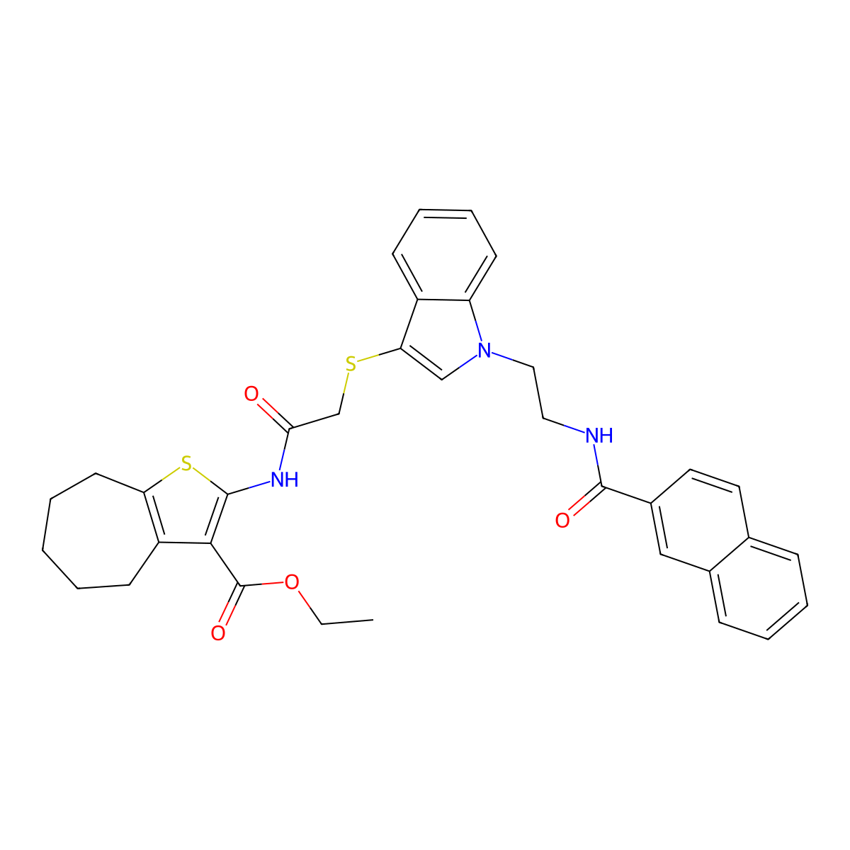 ethyl 2-[[2-[1-[2-(naphthalene-2-carbonylamino)ethyl]indol-3-yl]sulfanylacetyl]amino]-5,6,7,8-tetrahydro-4H-cyclohepta[b]thiophene-3-carboxylate molecular structure, CAS 533865-72-4