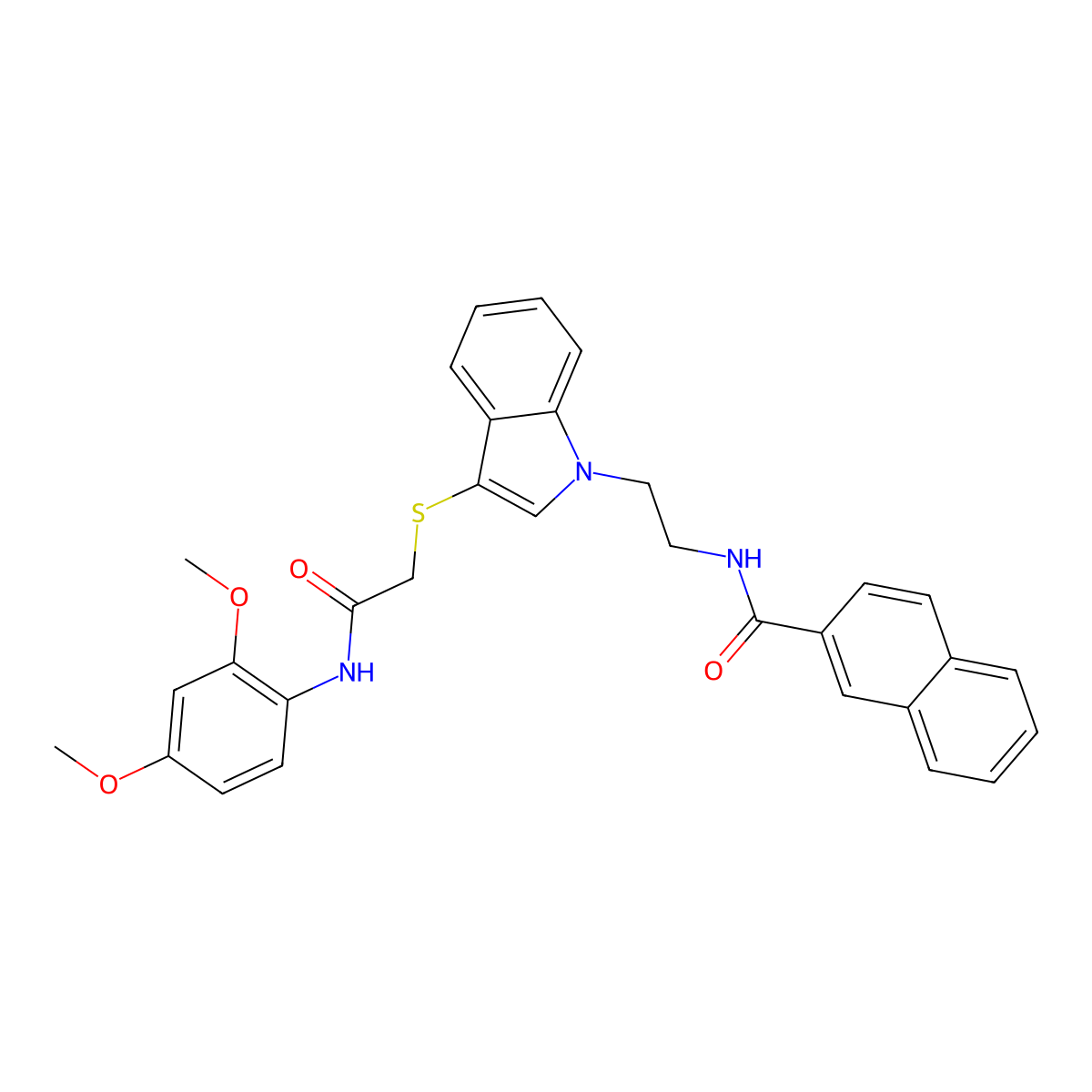 N-(2-(3-((2-((2,4-dimethoxyphenyl)amino)-2-oxoethyl)thio)-1H-indol-1-yl)ethyl)-2-naphthamide molecular structure, CAS 533865-80-4