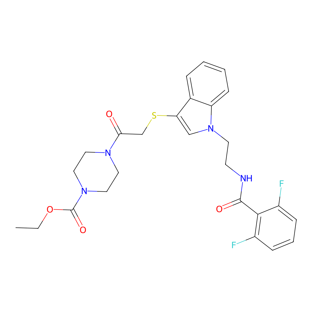 ethyl 4-(2-((1-(2-(2,6-difluorobenzamido)ethyl)-1H-indol-3-yl)thio)acetyl)piperazine-1-carboxylate molecular structure, CAS 533865-99-5