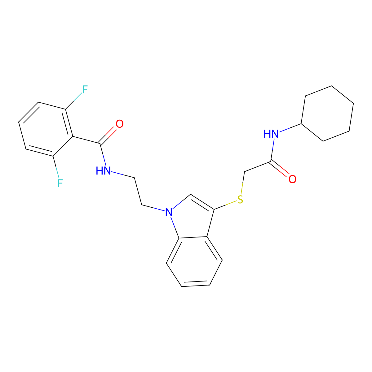 N-(2-(3-((2-(cyclohexylamino)-2-oxoethyl)thio)-1H-indol-1-yl)ethyl)-2,6-difluorobenzamide molecular structure, CAS 533866-00-1