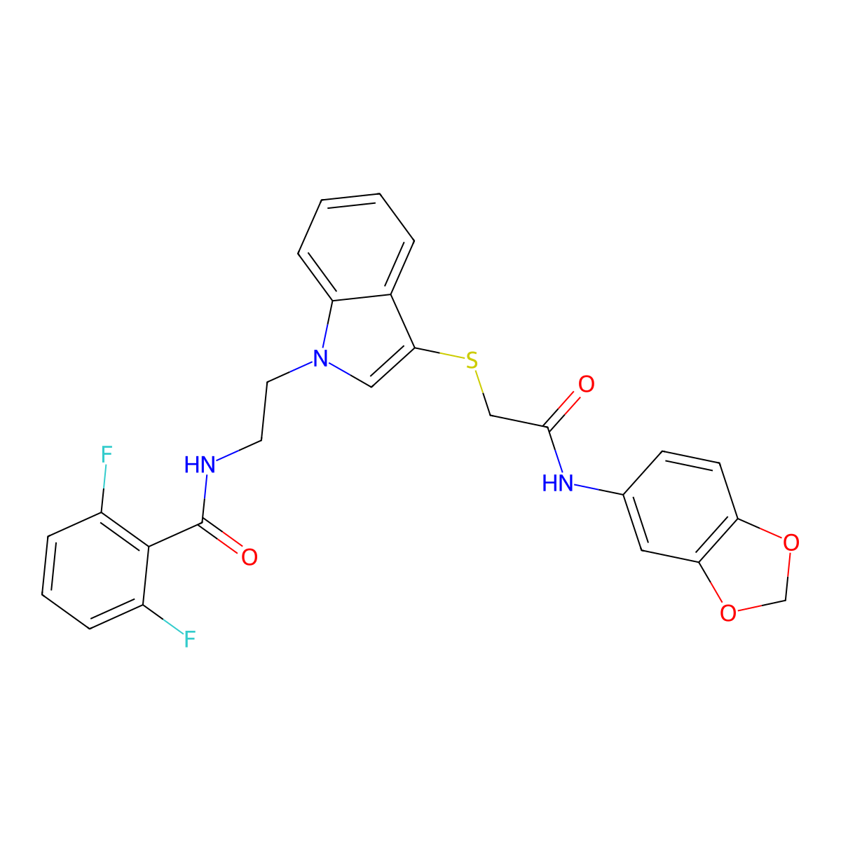 N-(2-(3-((2-(benzo[d][1,3]dioxol-5-ylamino)-2-oxoethyl)thio)-1H-indol-1-yl)ethyl)-2,6-difluorobenzamide molecular structure, CAS 533866-14-7