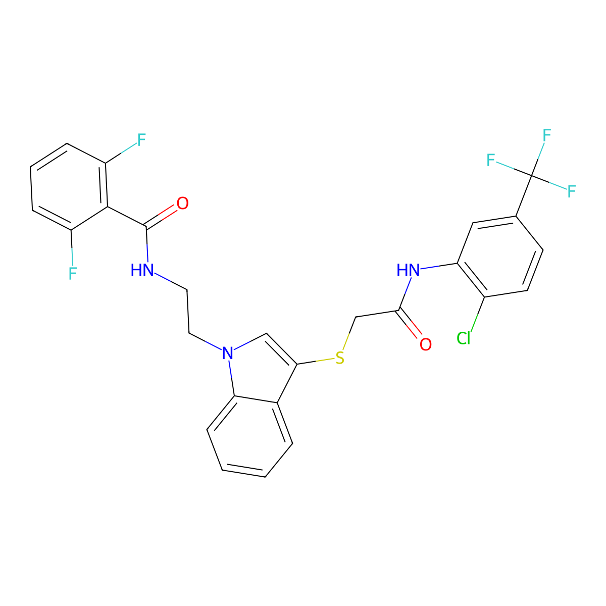 N-(2-(3-((2-((2-chloro-5-(trifluoromethyl)phenyl)amino)-2-oxoethyl)thio)-1H-indol-1-yl)ethyl)-2,6-difluorobenzamide molecular structure, CAS 533866-22-7
