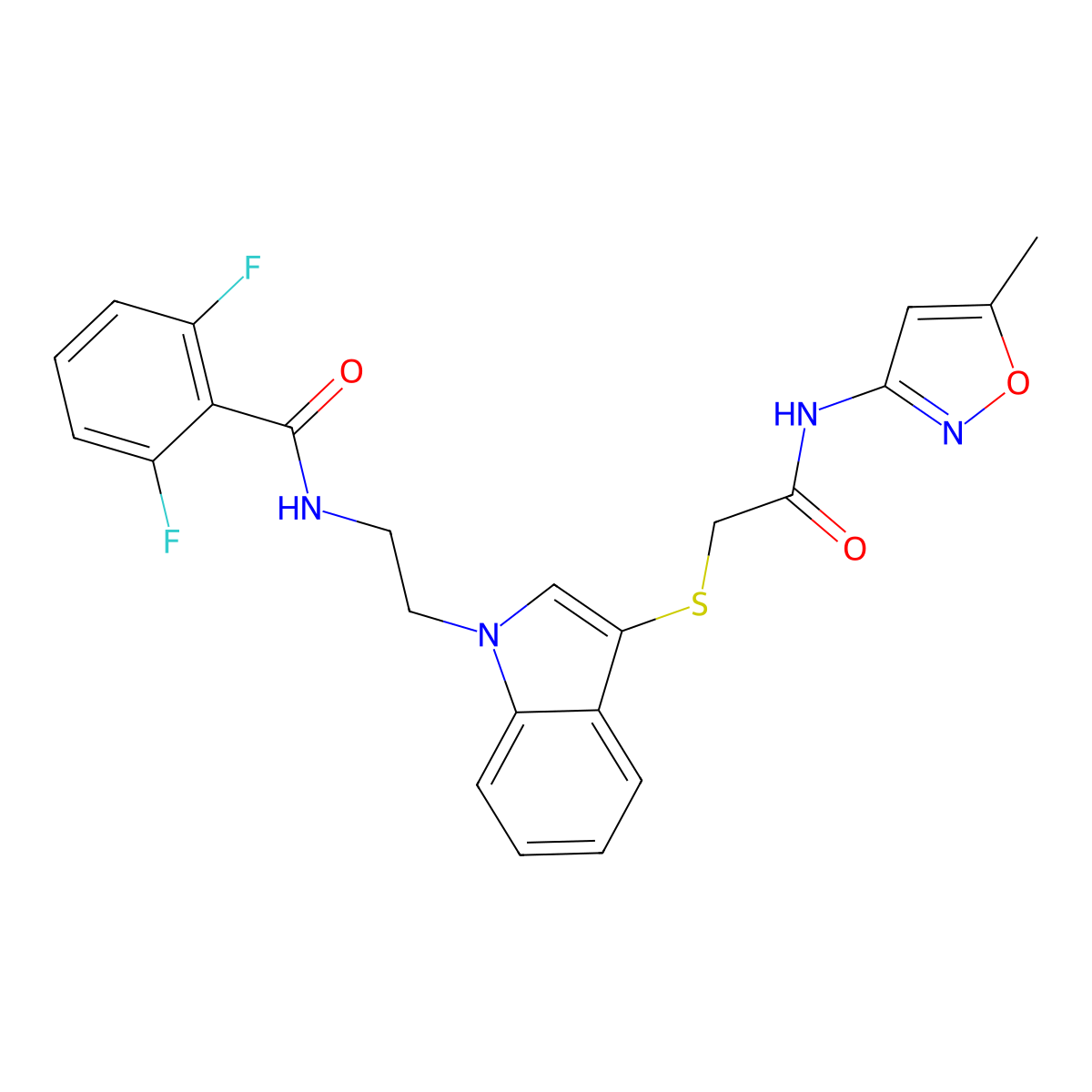 2,6-difluoro-N-(2-(3-((2-((5-methylisoxazol-3-yl)amino)-2-oxoethyl)thio)-1H-indol-1-yl)ethyl)benzamide molecular structure, CAS 533866-33-0