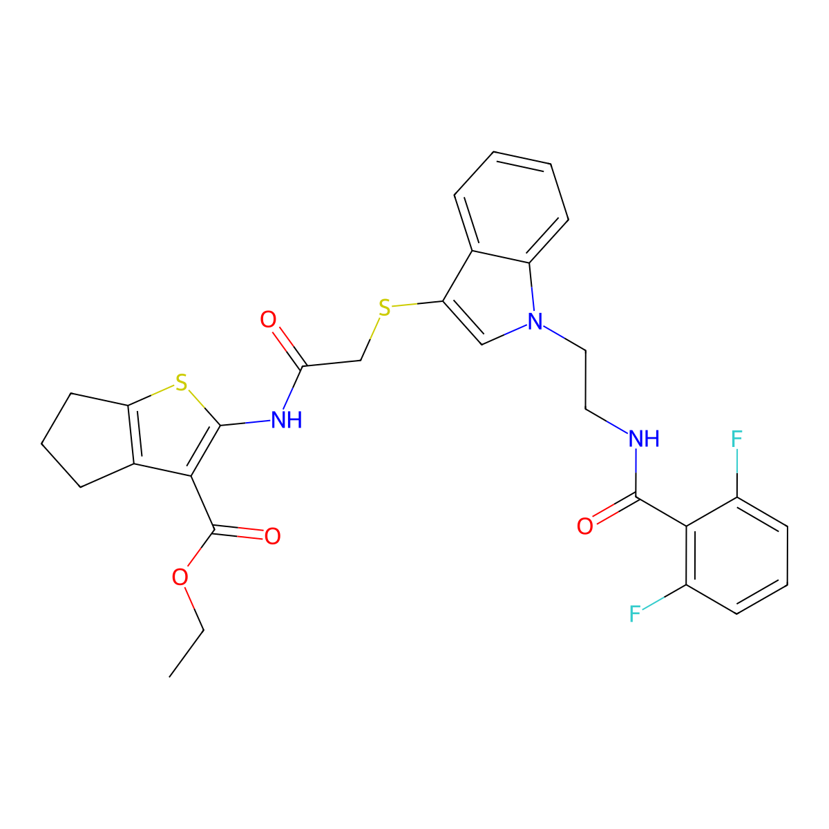 ethyl 2-(2-((1-(2-(2,6-difluorobenzamido)ethyl)-1H-indol-3-yl)thio)acetamido)-5,6-dihydro-4H-cyclopenta[b]thiophene-3-carboxylate molecular structure, CAS 533866-37-4