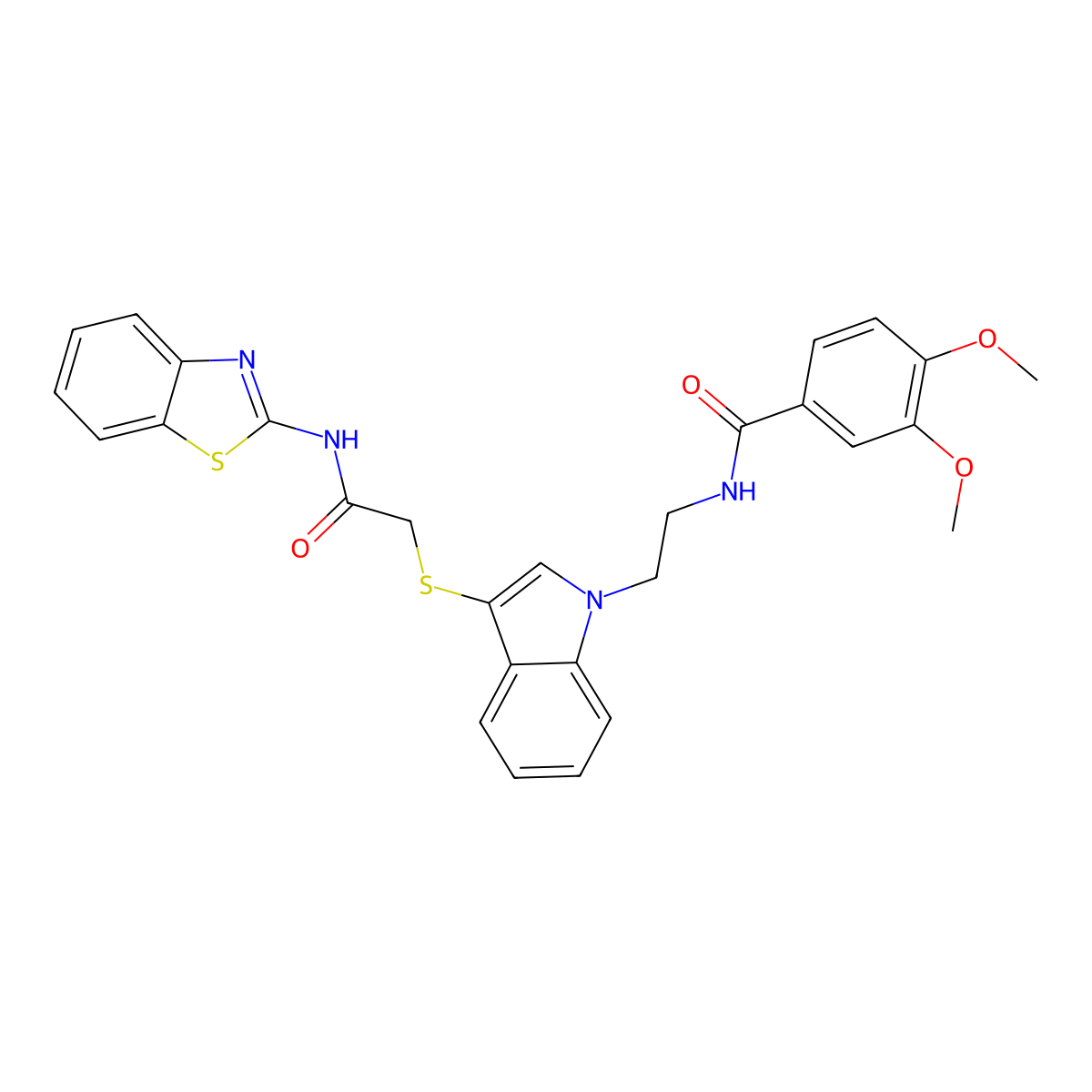 N-(2-(3-((2-(benzo[d]thiazol-2-ylamino)-2-oxoethyl)thio)-1H-indol-1-yl)ethyl)-3,4-dimethoxybenzamide molecular structure, CAS 533867-40-2