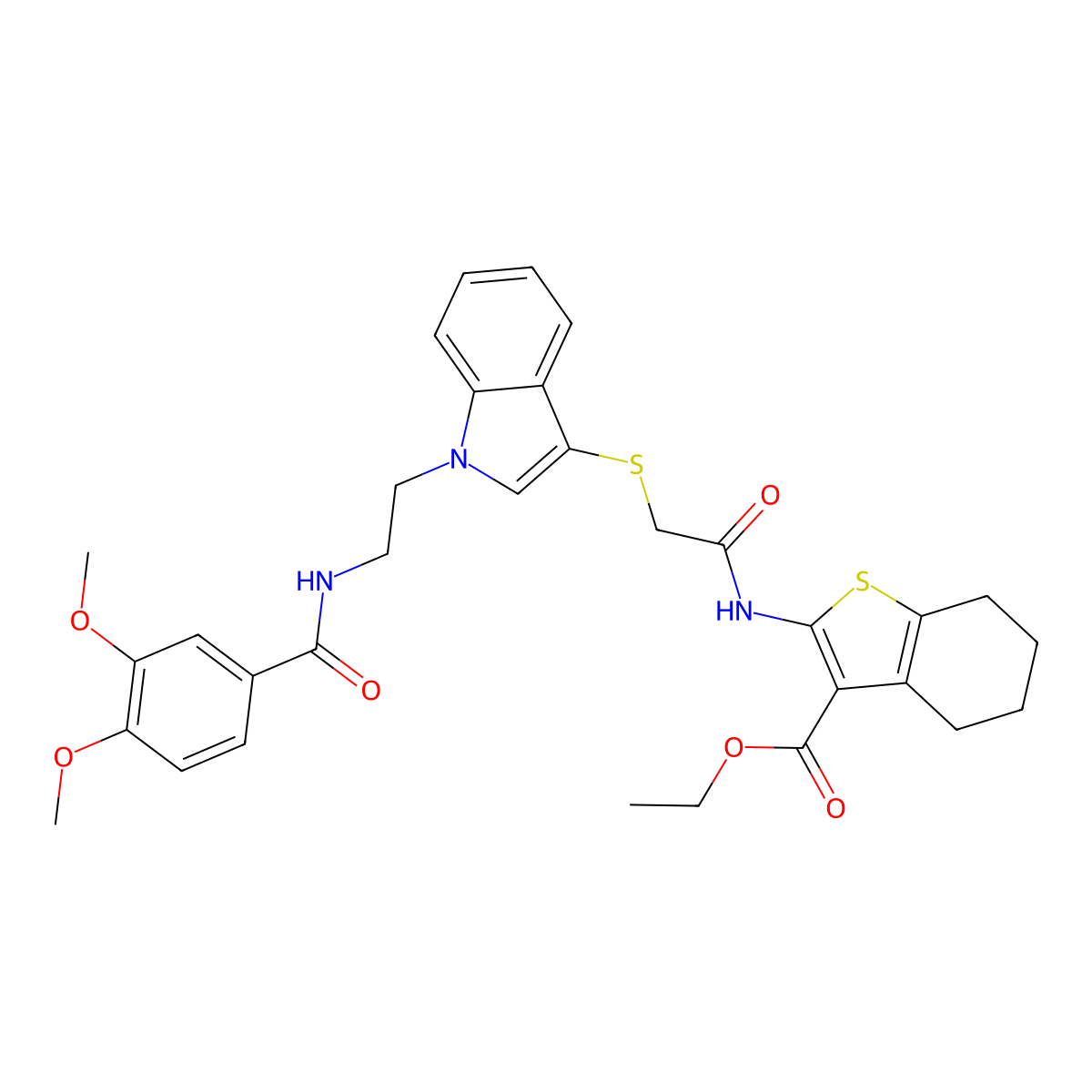 ethyl 2-(2-((1-(2-(3,4-dimethoxybenzamido)ethyl)-1H-indol-3-yl)thio)acetamido)-4,5,6,7-tetrahydrobenzo[b]thiophene-3-carboxylate molecular structure, CAS 533867-44-6