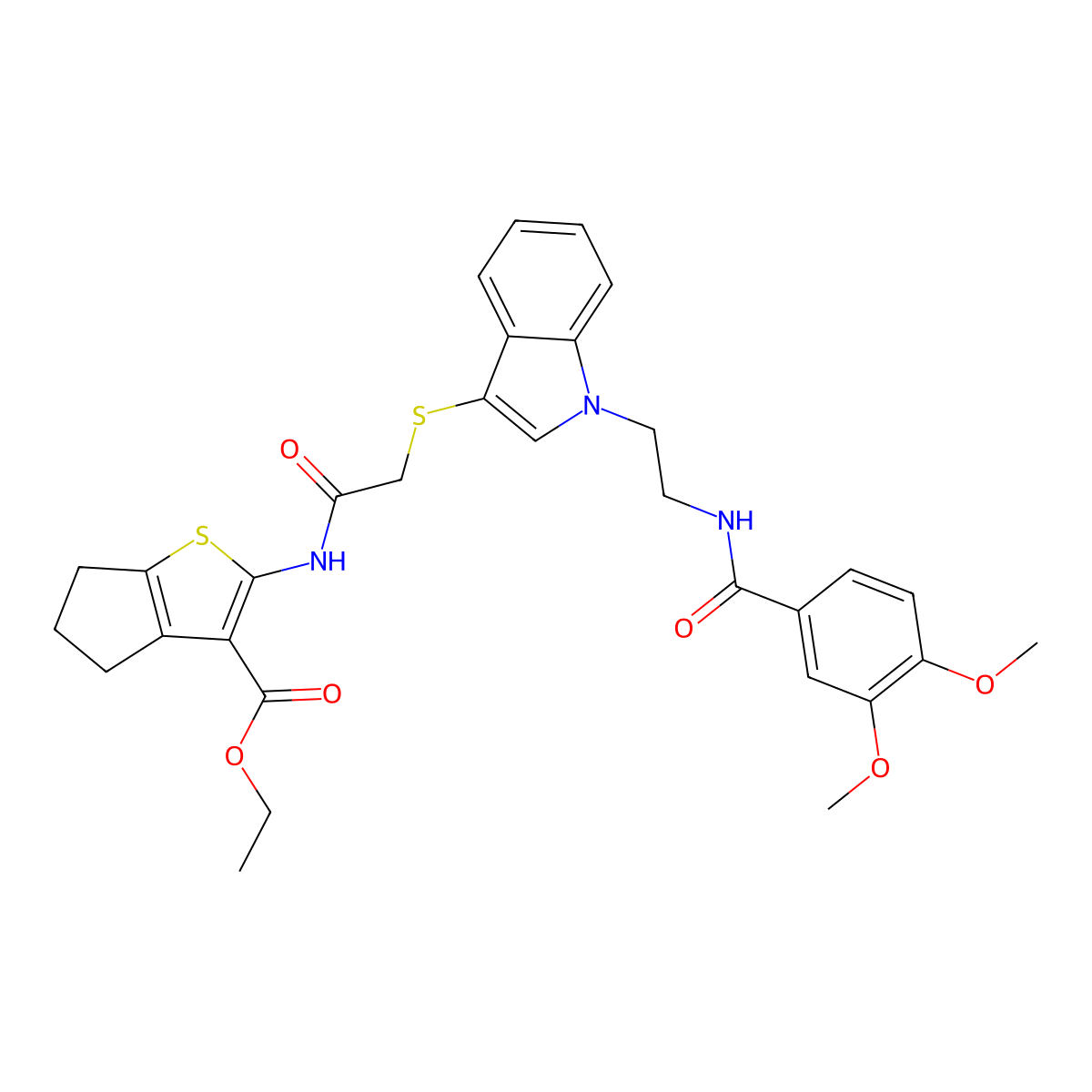 ethyl 2-(2-((1-(2-(3,4-dimethoxybenzamido)ethyl)-1H-indol-3-yl)thio)acetamido)-5,6-dihydro-4H-cyclopenta[b]thiophene-3-carboxylate molecular structure, CAS 533867-46-8