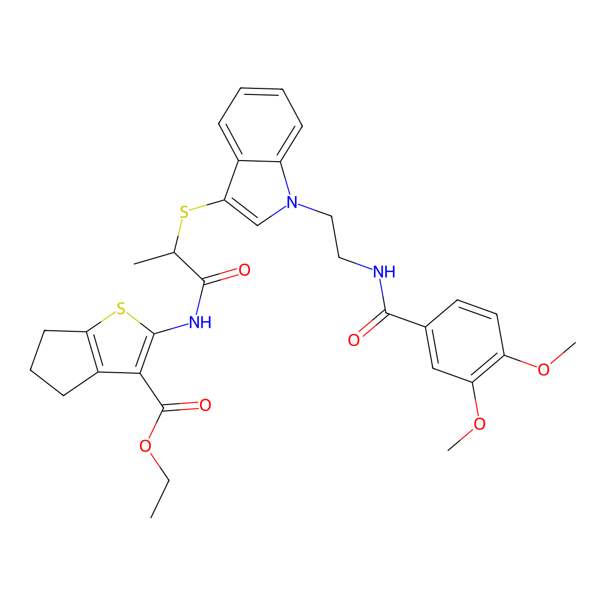 ethyl 2-[2-[1-[2-[(3,4-dimethoxybenzoyl)amino]ethyl]indol-3-yl]sulfanylpropanoylamino]-5,6-dihydro-4H-cyclopenta[b]thiophene-3-carboxylate molecular structure, CAS 533867-47-9