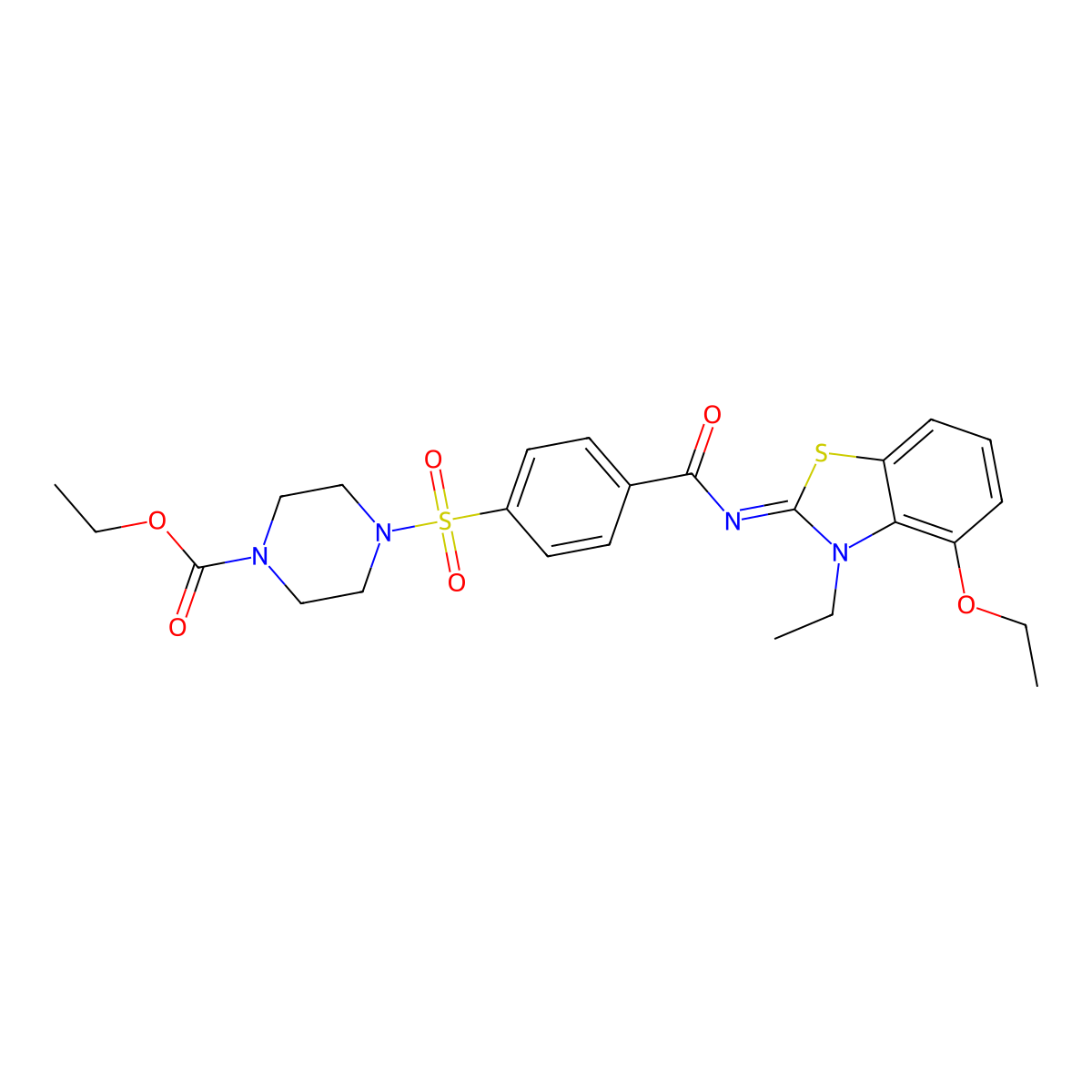 Ethyl 4-[4-[(4-ethoxy-3-ethyl-1,3-benzothiazol-2-ylidene)carbamoyl]phenyl]sulfonylpiperazine-1-carboxylate molecular structure, CAS 533869-05-5