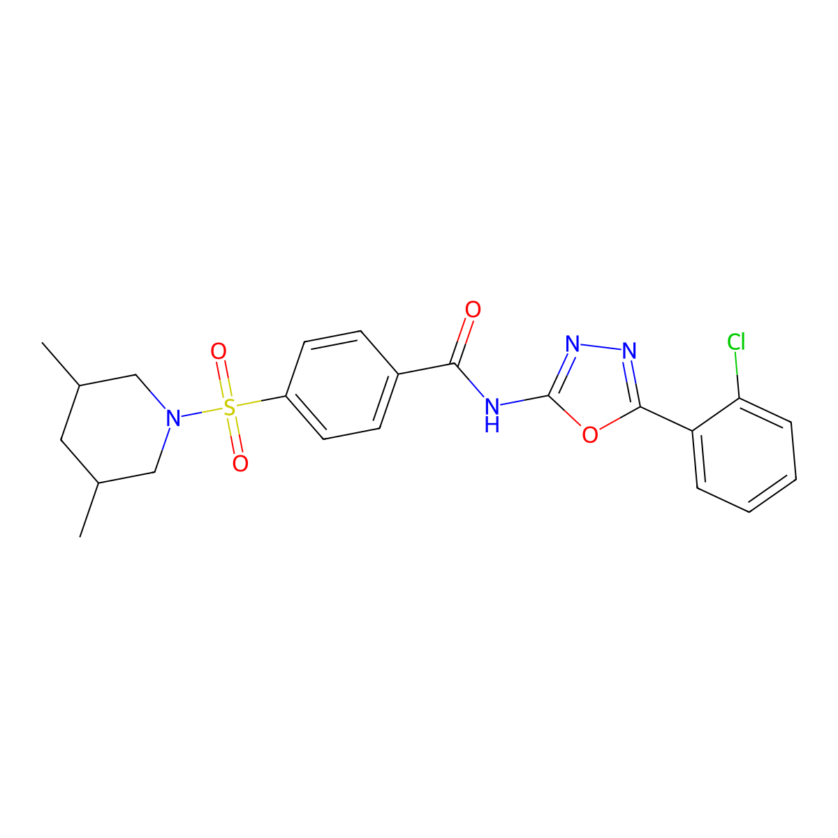 N-(5-(2-chlorophenyl)-1,3,4-oxadiazol-2-yl)-4-((3,5-dimethylpiperidin-1-yl)sulfonyl)benzamide molecular structure, CAS 533869-26-0
