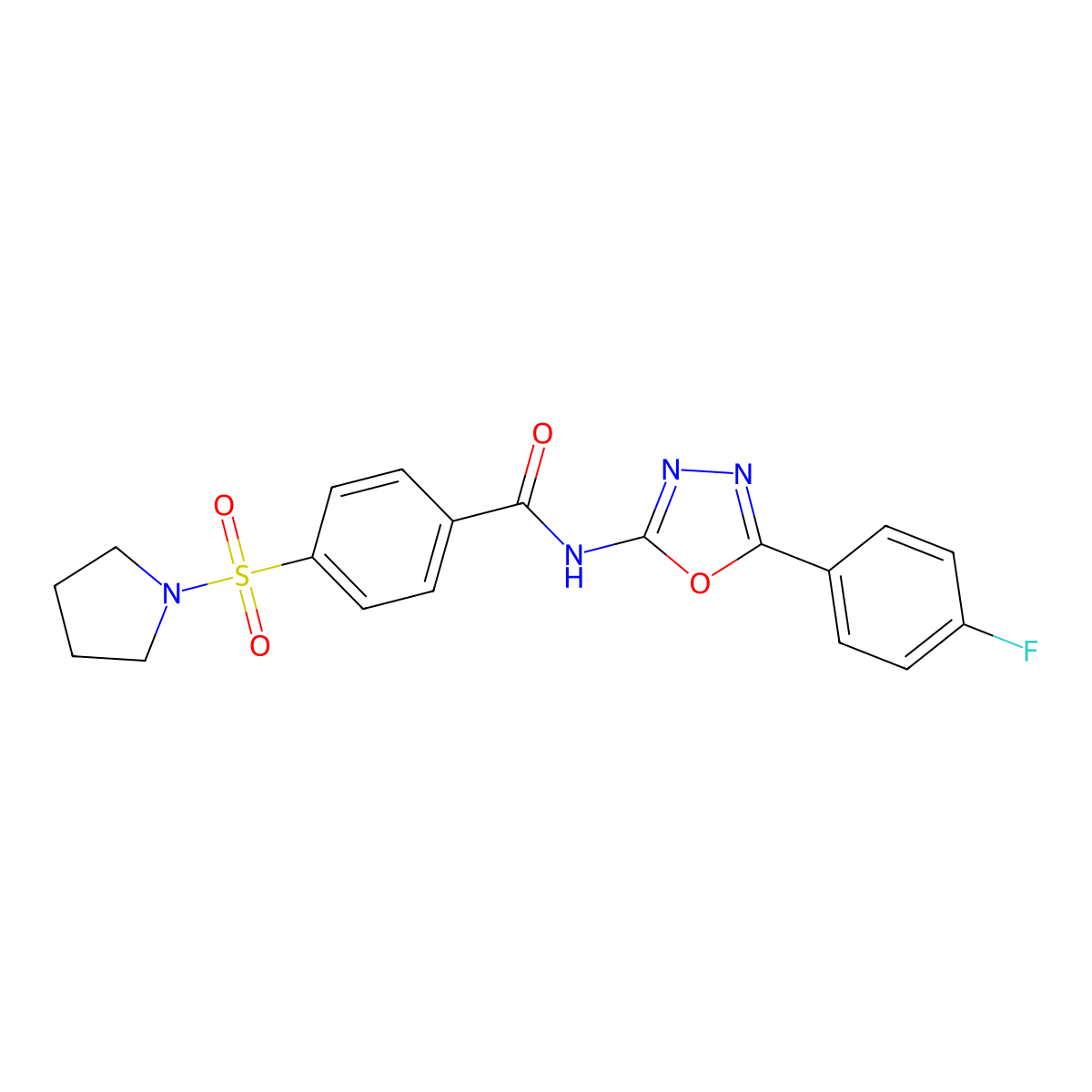 N-(5-(4-fluorophenyl)-1,3,4-oxadiazol-2-yl)-4-(pyrrolidin-1-ylsulfonyl)benzamide molecular structure, CAS 533869-50-0