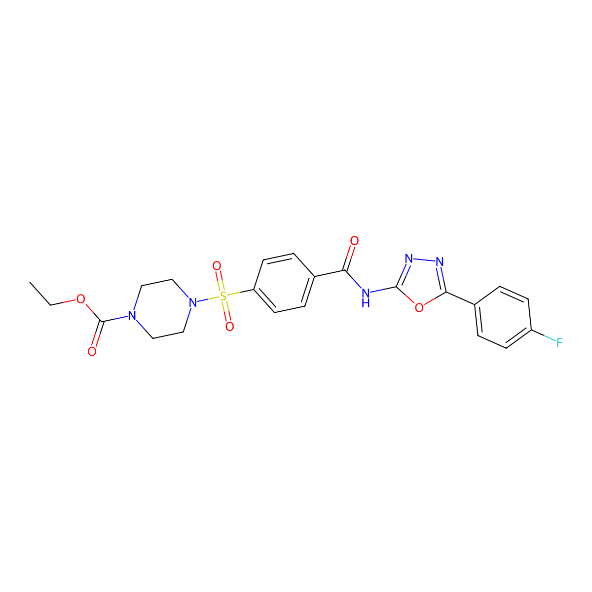 Ethyl 4-[4-[[5-(4-fluorophenyl)-1,3,4-oxadiazol-2-yl]carbamoyl]phenyl]sulfonylpiperazine-1-carboxylate molecular structure, CAS 533869-58-8