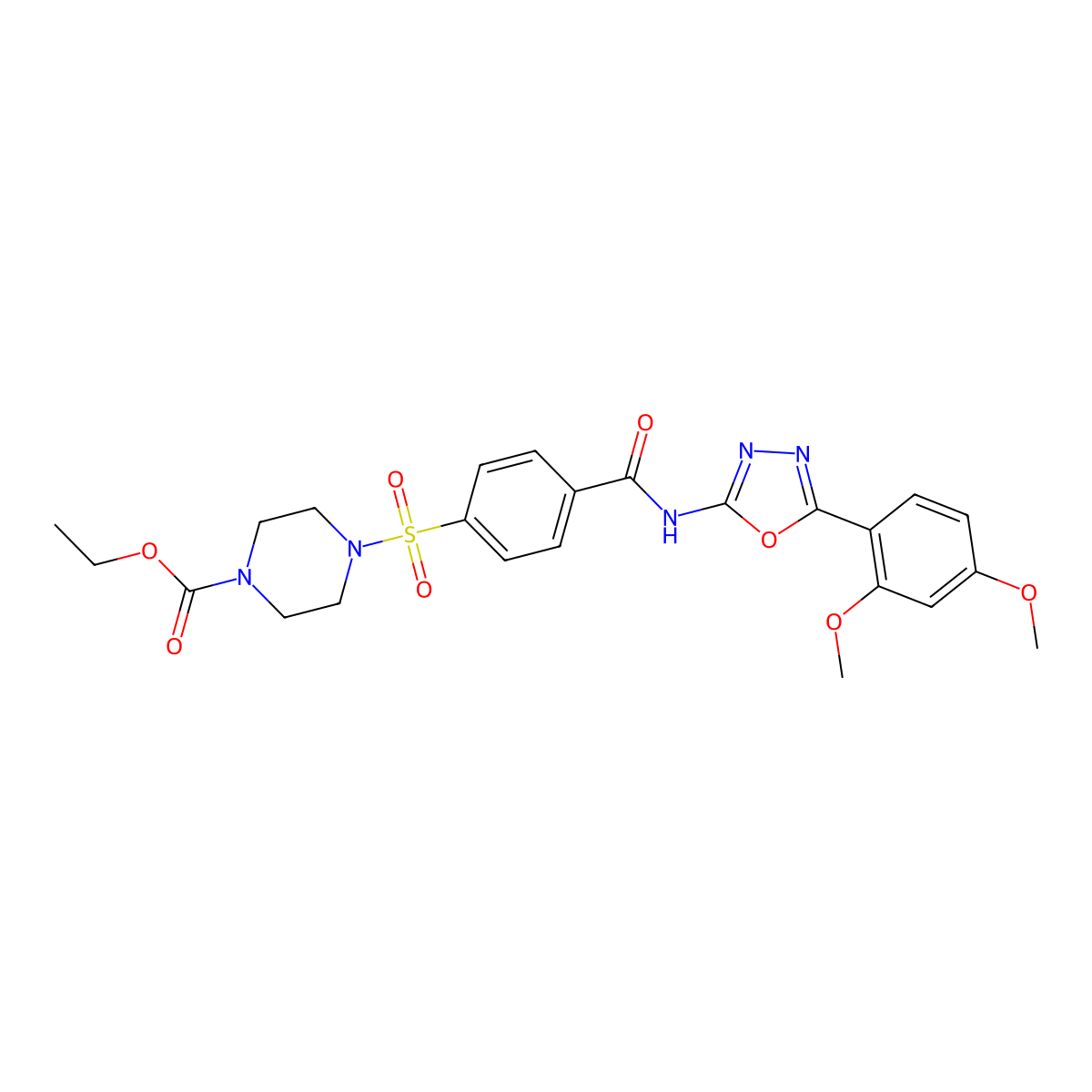 Ethyl 4-((4-((5-(2,4-dimethoxyphenyl)-1,3,4-oxadiazol-2-yl)carbamoyl)phenyl)sulfonyl)piperazine-1-carboxylate molecular structure, CAS 533870-34-7