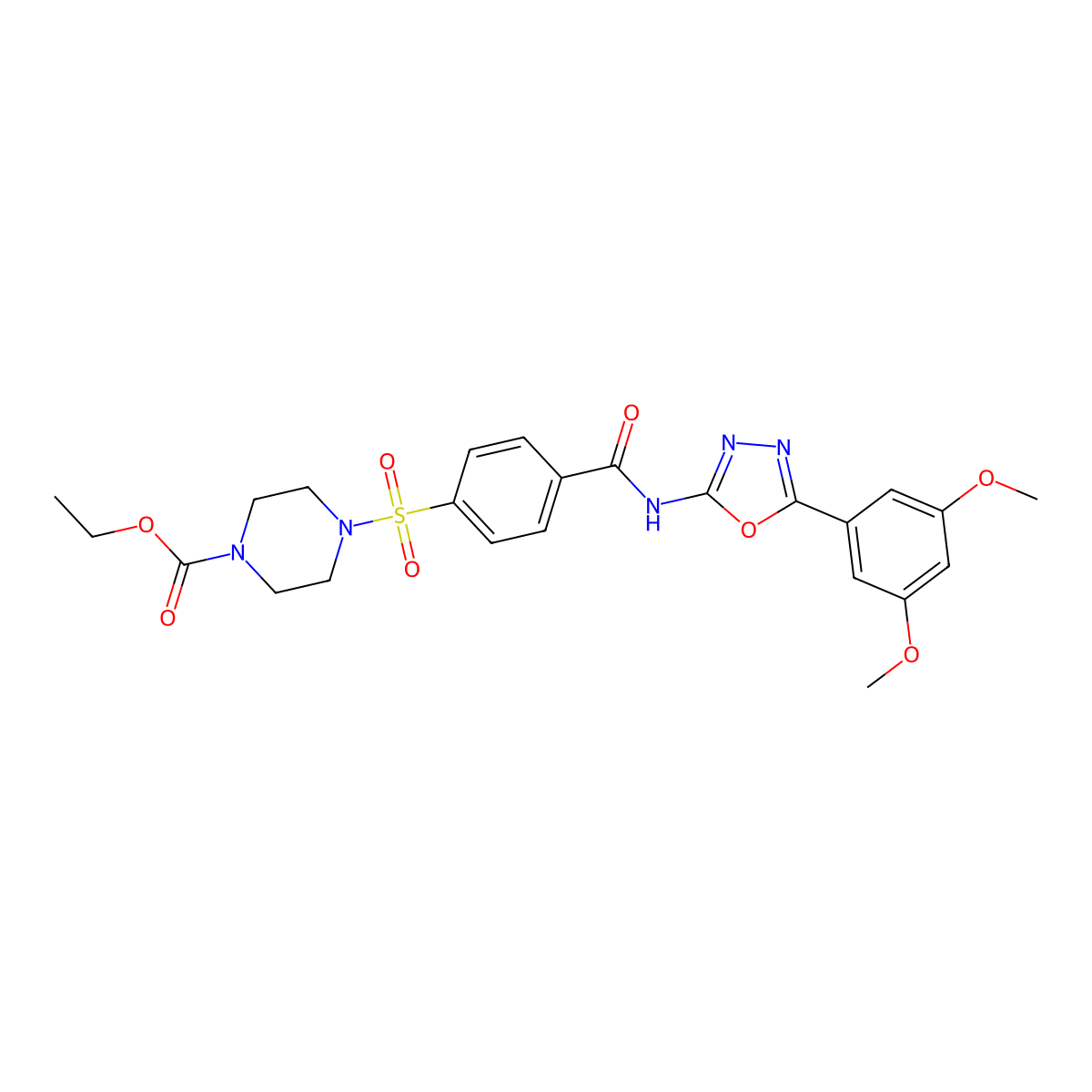 Ethyl 4-((4-((5-(3,5-dimethoxyphenyl)-1,3,4-oxadiazol-2-yl)carbamoyl)phenyl)sulfonyl)piperazine-1-carboxylate molecular structure, CAS 533870-63-2