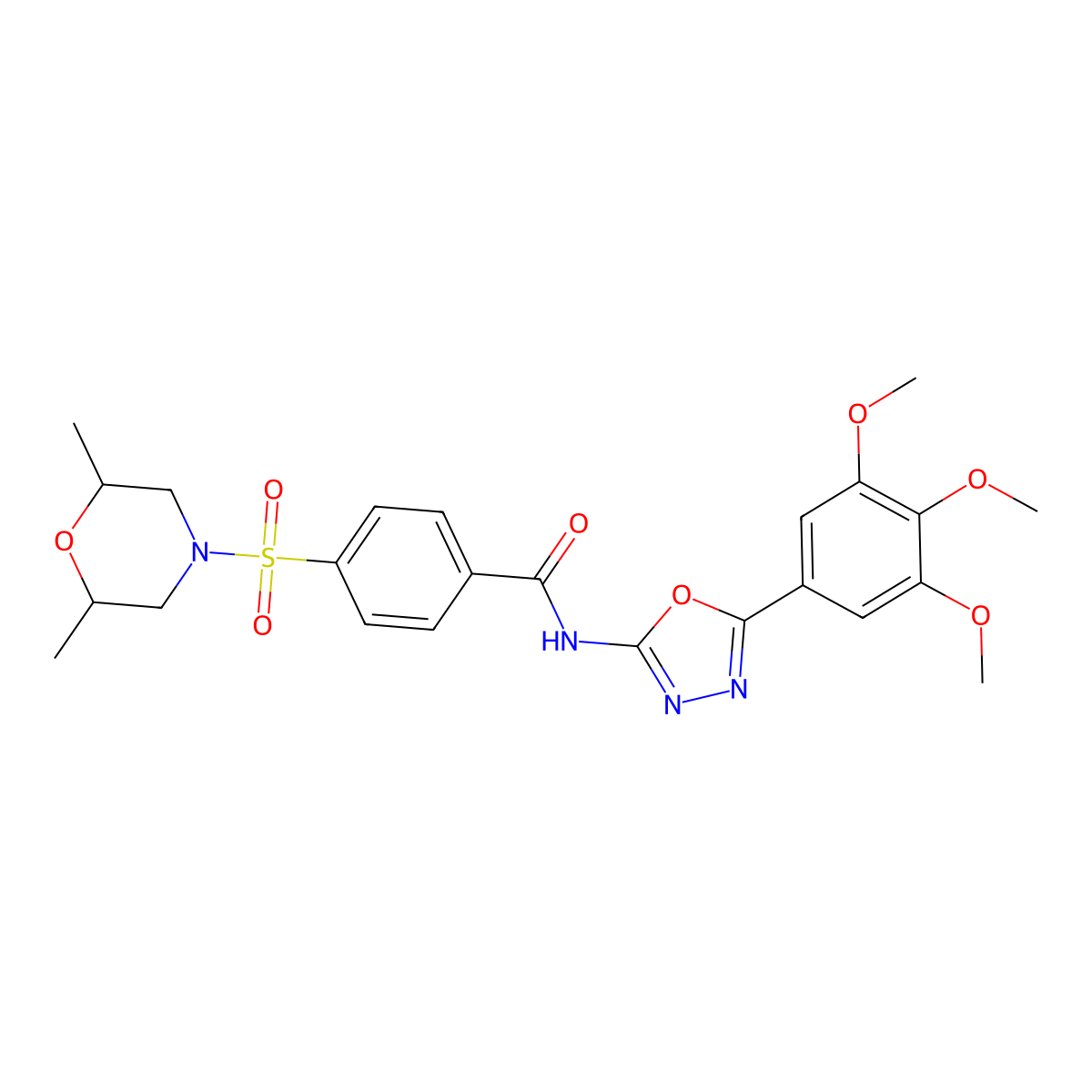 4-((2,6-dimethylmorpholino)sulfonyl)-N-(5-(3,4,5-trimethoxyphenyl)-1,3,4-oxadiazol-2-yl)benzamide molecular structure, CAS 533871-42-0