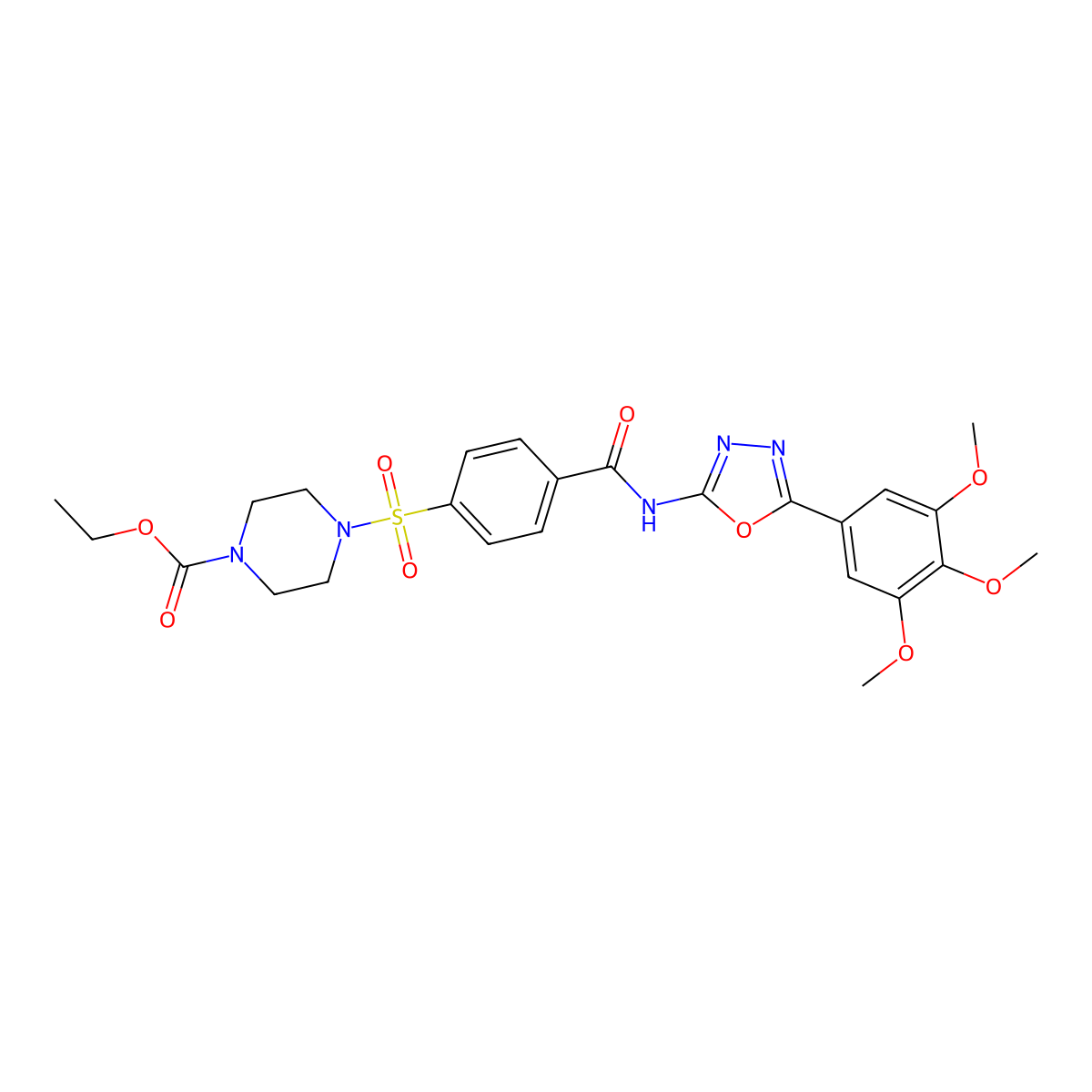 Ethyl 4-[4-[[5-(3,4,5-trimethoxyphenyl)-1,3,4-oxadiazol-2-yl]carbamoyl]phenyl]sulfonylpiperazine-1-carboxylate molecular structure, CAS 533871-44-2