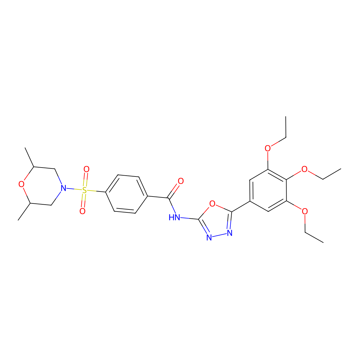 4-((2,6-dimethylmorpholino)sulfonyl)-N-(5-(3,4,5-triethoxyphenyl)-1,3,4-oxadiazol-2-yl)benzamide molecular structure, CAS 533871-72-6