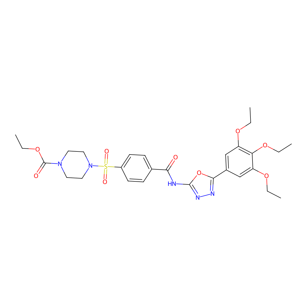 Ethyl 4-((4-((5-(3,4,5-triethoxyphenyl)-1,3,4-oxadiazol-2-yl)carbamoyl)phenyl)sulfonyl)piperazine-1-carboxylate molecular structure, CAS 533871-74-8