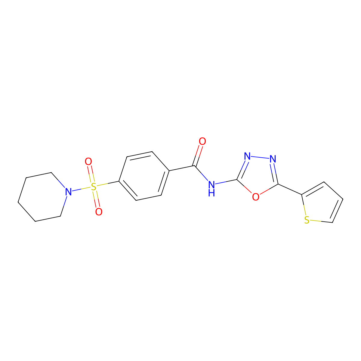 4-piperidin-1-ylsulfonyl-N-(5-thiophen-2-yl-1,3,4-oxadiazol-2-yl)benzamide molecular structure, CAS 533871-98-6