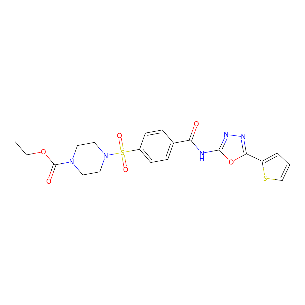 Ethyl 4-((4-((5-(thiophen-2-yl)-1,3,4-oxadiazol-2-yl)carbamoyl)phenyl)sulfonyl)piperazine-1-carboxylate molecular structure, CAS 533872-05-8