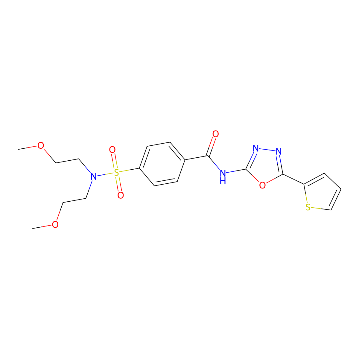 4-(N,N-bis(2-methoxyethyl)sulfamoyl)-N-(5-(thiophen-2-yl)-1,3,4-oxadiazol-2-yl)benzamide molecular structure, CAS 533872-09-2